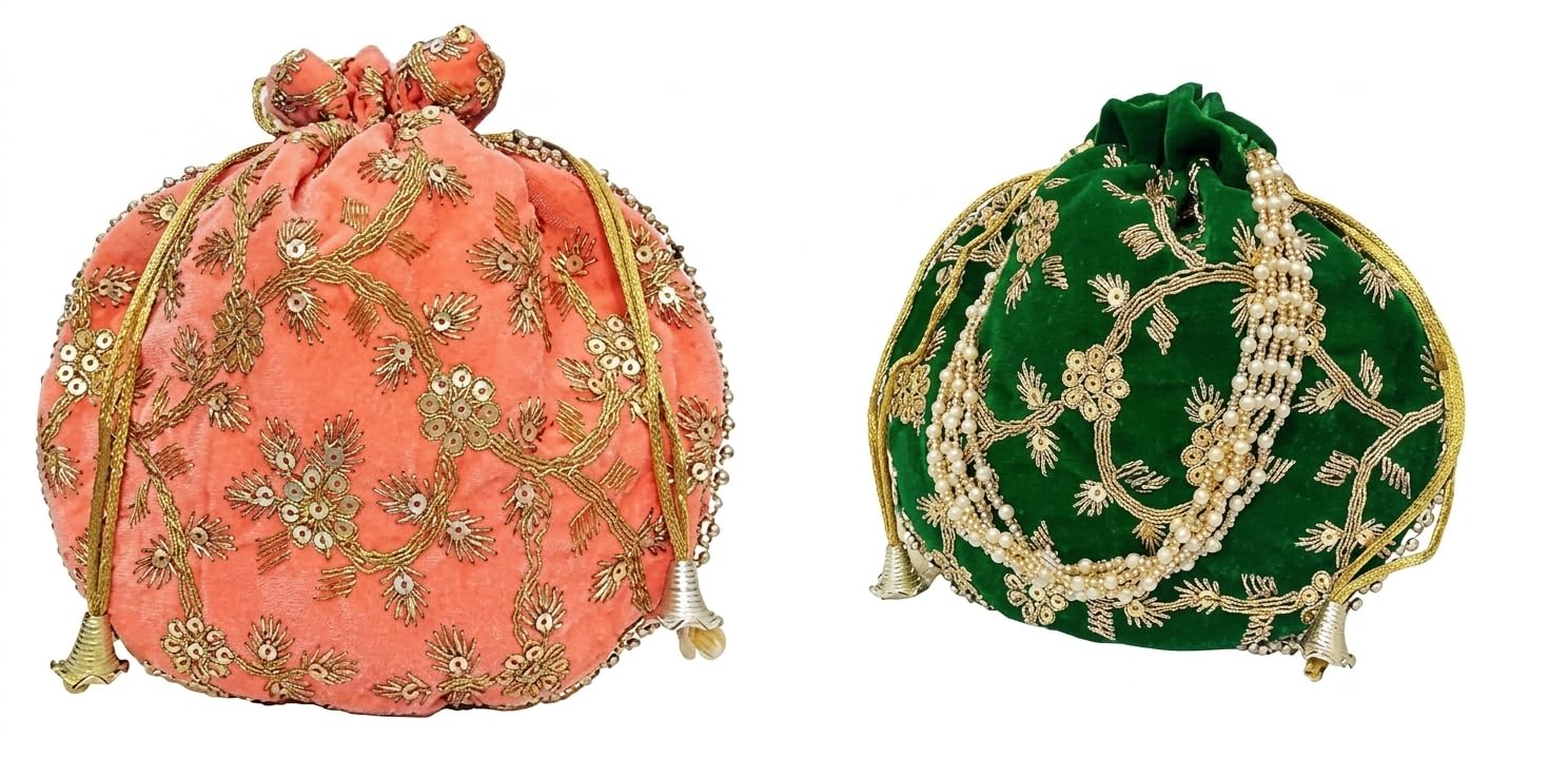 JDDCART Wedding gifting potli combo set of 2 || stylish shagun potli in velvet feel floral design fabric with sequins design of flower pattern (Peach, Gold, Leaf Green)-picture-15