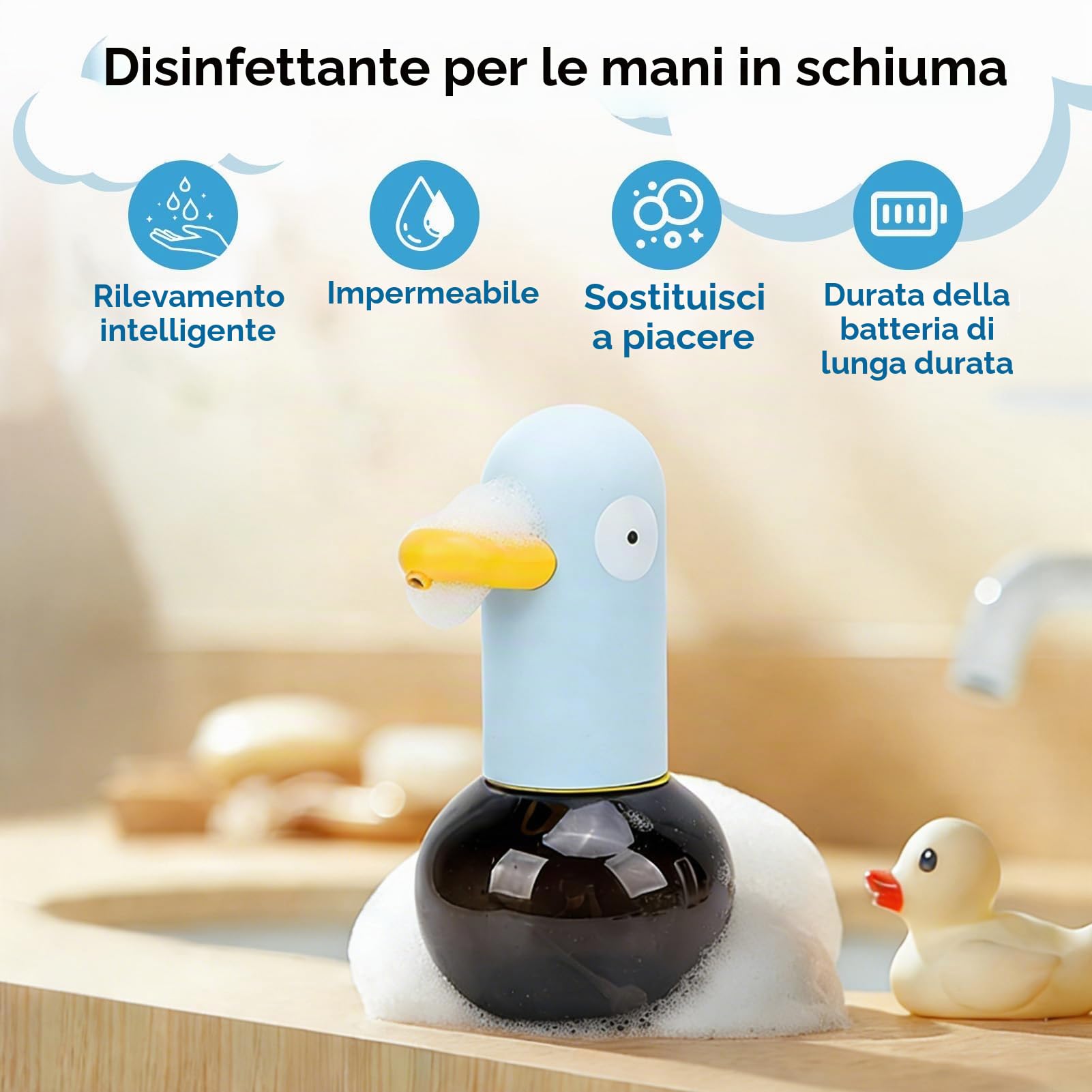 Dispenser per sapone Impermeabile Ricarica, 400ml Adorabile Papera Dispenser Automatico Di Sapone Schiumoso per Cucina, Bagno, Ricaricabile (Tipo 1)