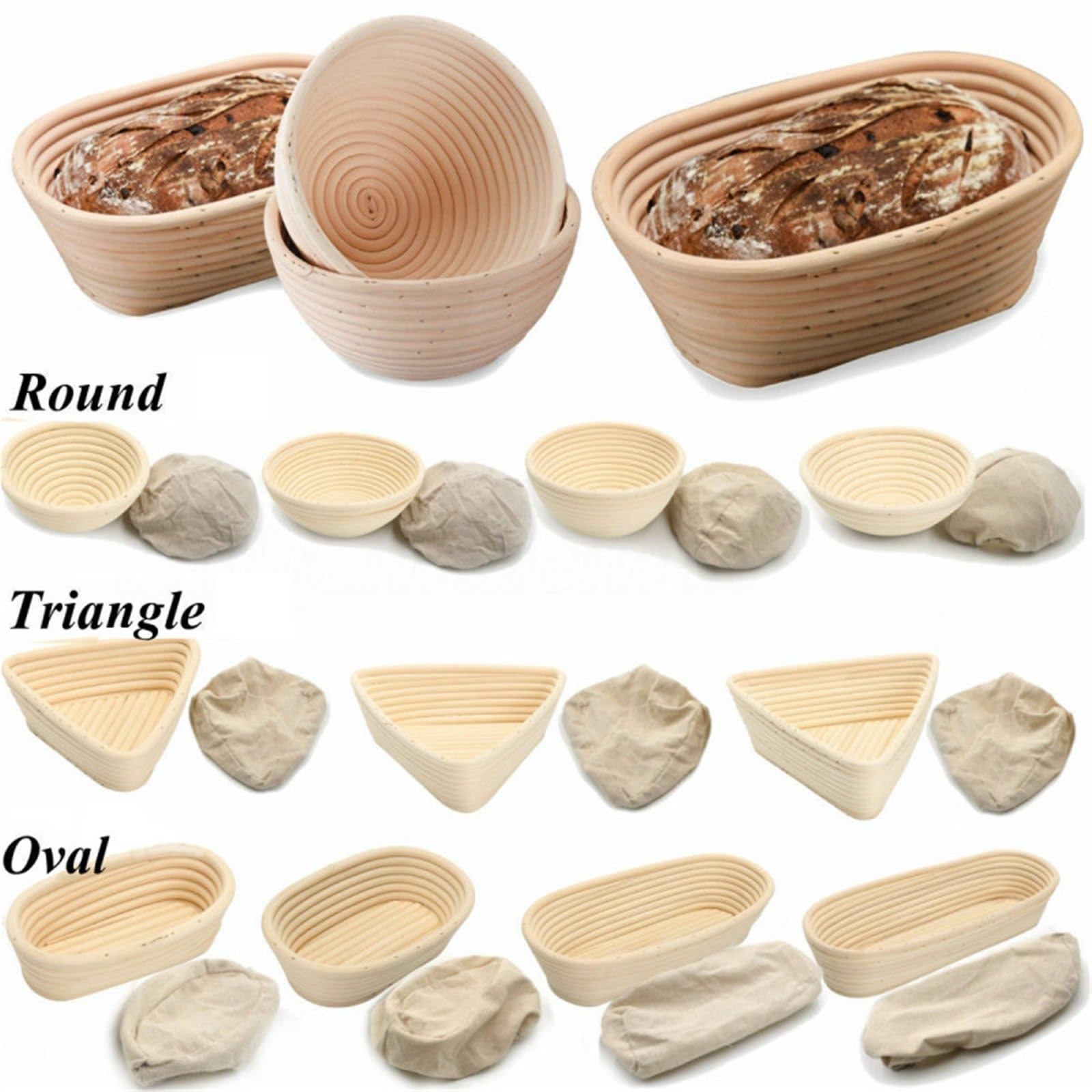 Cesta de fermentación mimbre for pan Natural, ovalada/círculo/triángulo, herramienta cocina, 1 unidad Para Pan(Round 25X8.5cm)