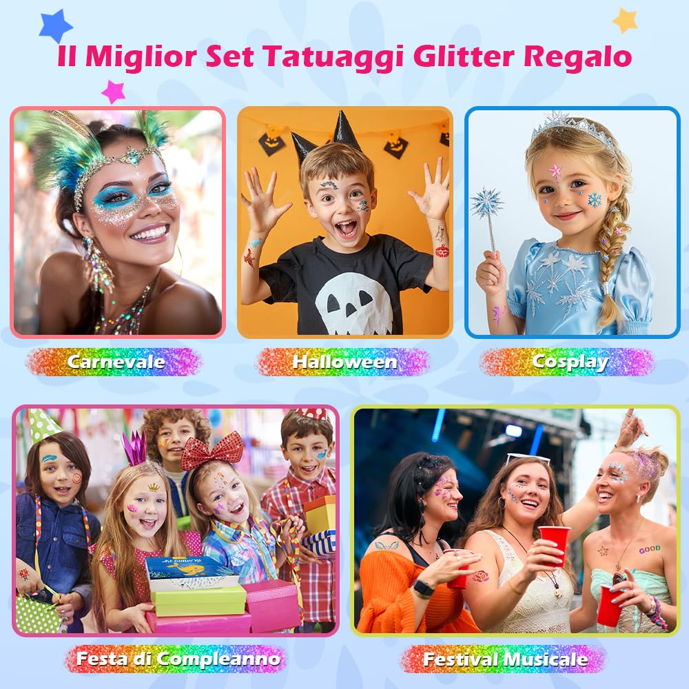 Bledras Set Tatuaggi Glitter Bambini, 42 Colori Temporary Glitter Tattoo, 210 Stencil, 5 Pennelli, 3 Colla, Tatuaggio Impermeabile Kit, Regali per Ragazzi e Ragazze per Carnevale, Compleanno