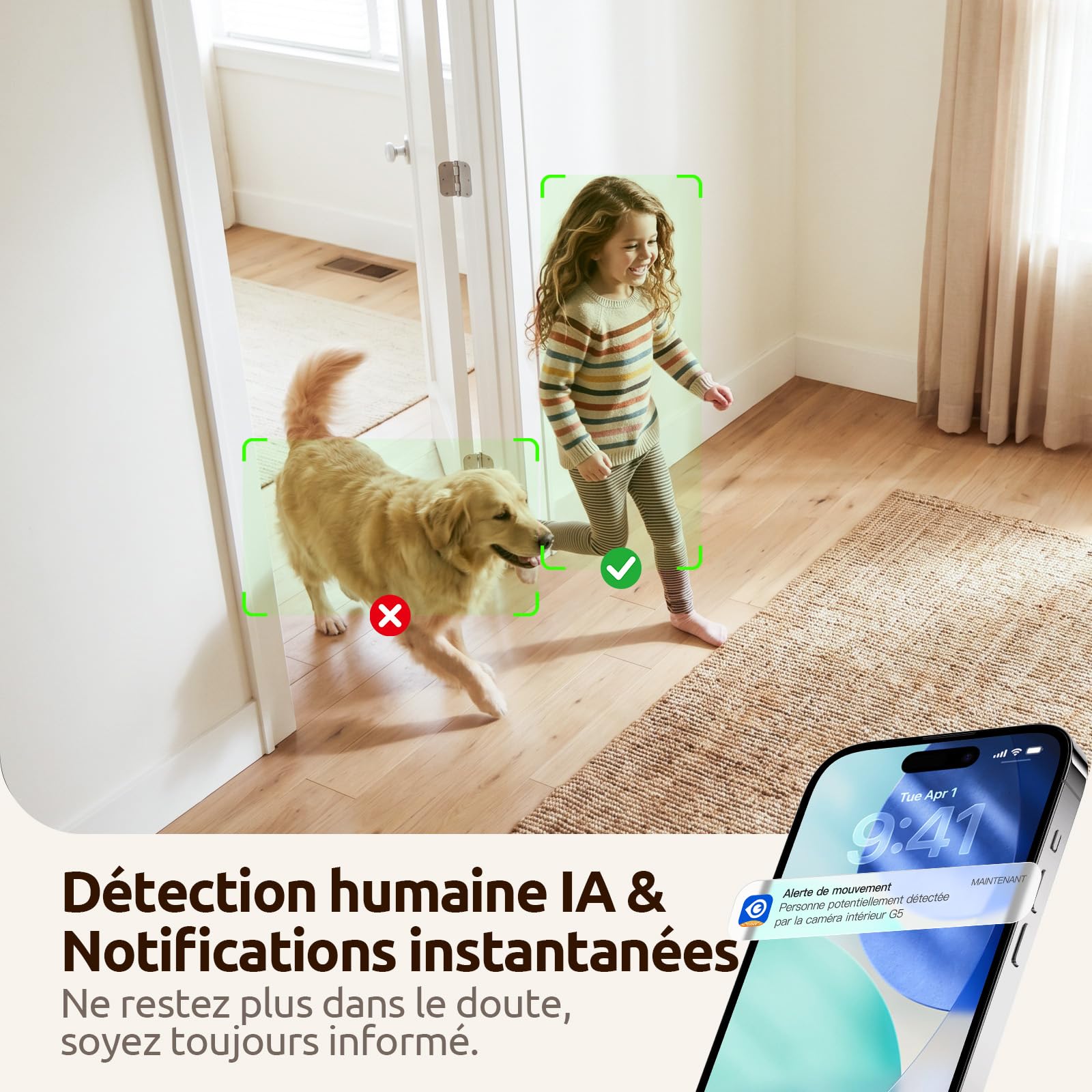 AOQEE 2K 3MP Camera Interieur - 2,4G/5GHz Double Bande Camera Surveillance WiFi, Suivi Intelligent, Détection Humaine IA, Audio Bidirectionnel, Connectée Smartphone pour Bebe/Chat/Chien (Lot de 3)