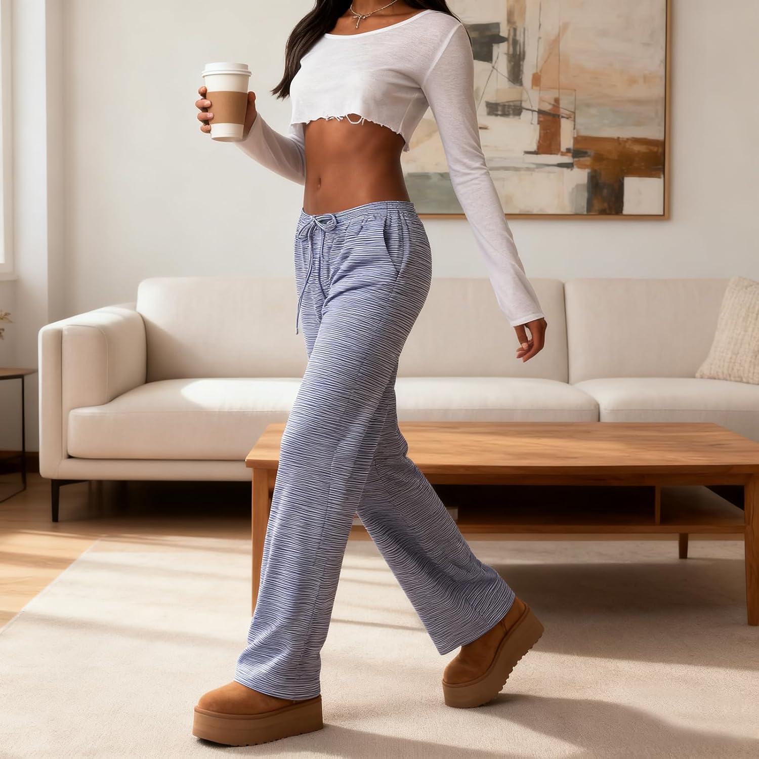 Women's Drawstring Pajama Pants Striped Casual Palazzo Wide Leg Lounge Pants Comfy Sleepwear Trousers - Image 5