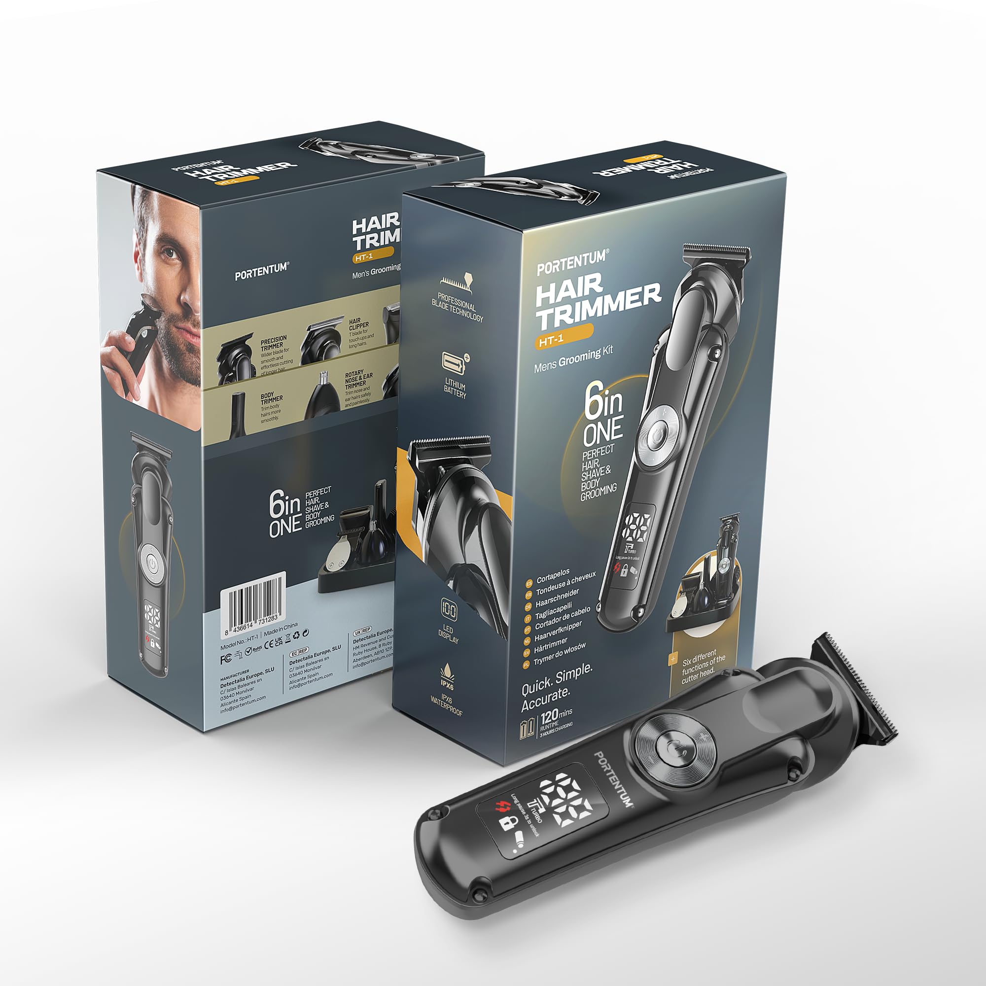 PORTENTUM Tondeuse barbe homme – Lot 21 pcs – LED – Rasoir Électrique Visage et Corps – Tondeuse Cheveux Polyvalente – 6 Têtes – 7 Sabots – USB-C – Autonomie 120 min – Support Organisateur Sans Fil