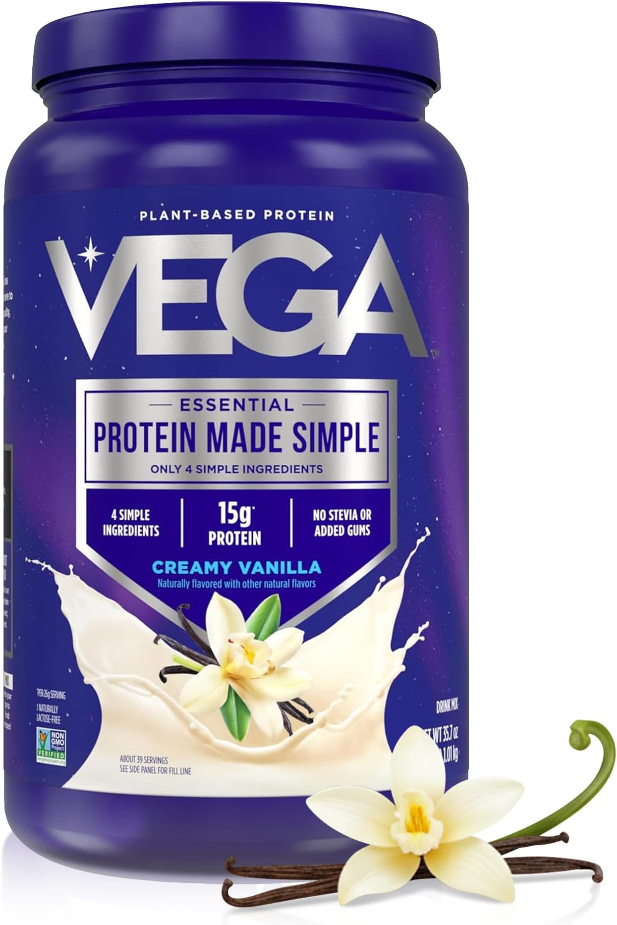 Protein Made Simple Plant-Based Vanilla Protein Powder with 15g Protein โ Stevia-Free, Clean Nutrition โ 2.2 lbs (38 Servings)