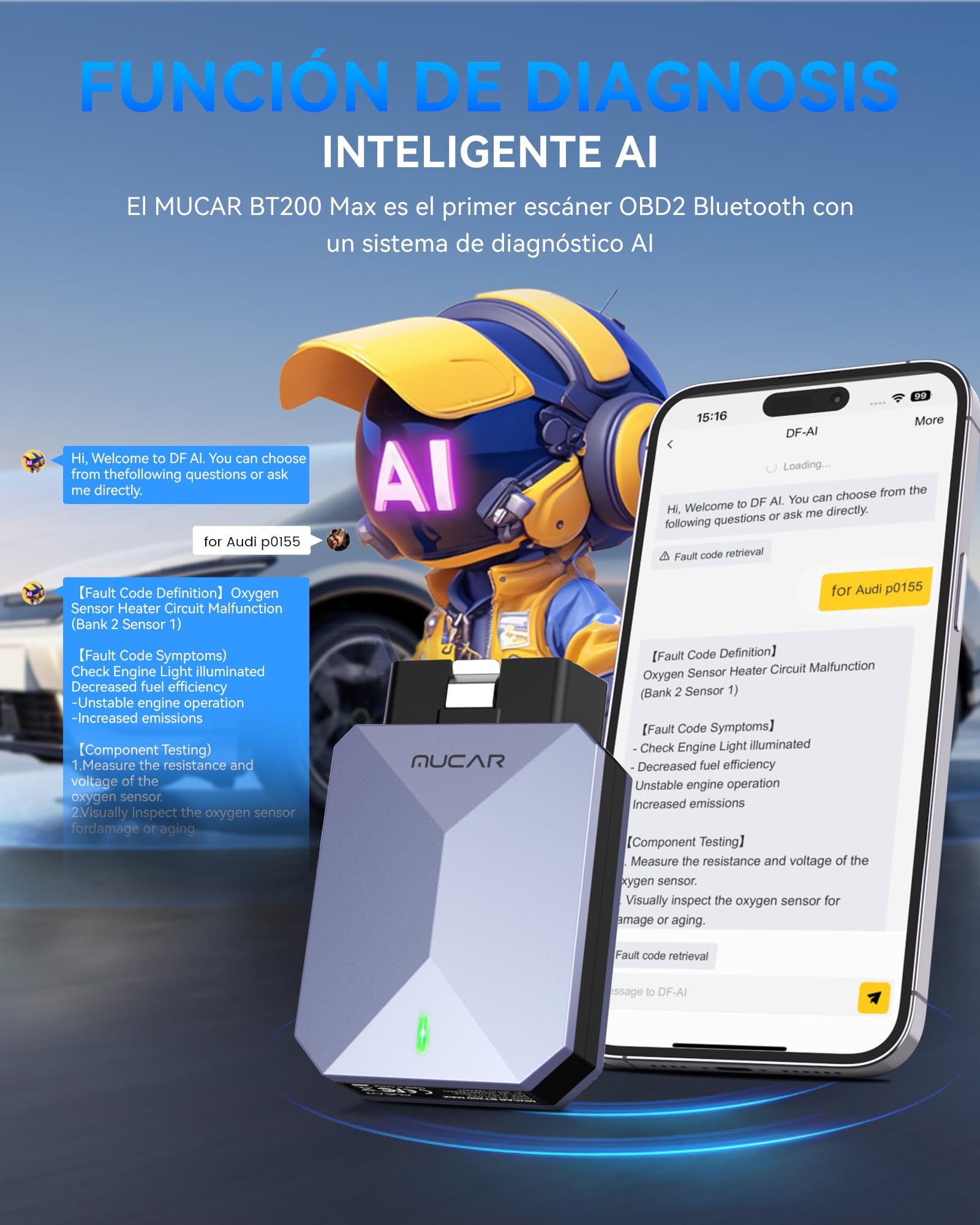 MUCAR BT200 MAX AI Accesibilidad Adaptador Bluetooth OBD2 | Diagnosis Coche Multimarca Todos Sistema+15 Funciones de Reinicio, OBD2 Diagnosis Active Test-Actualización Gratuita