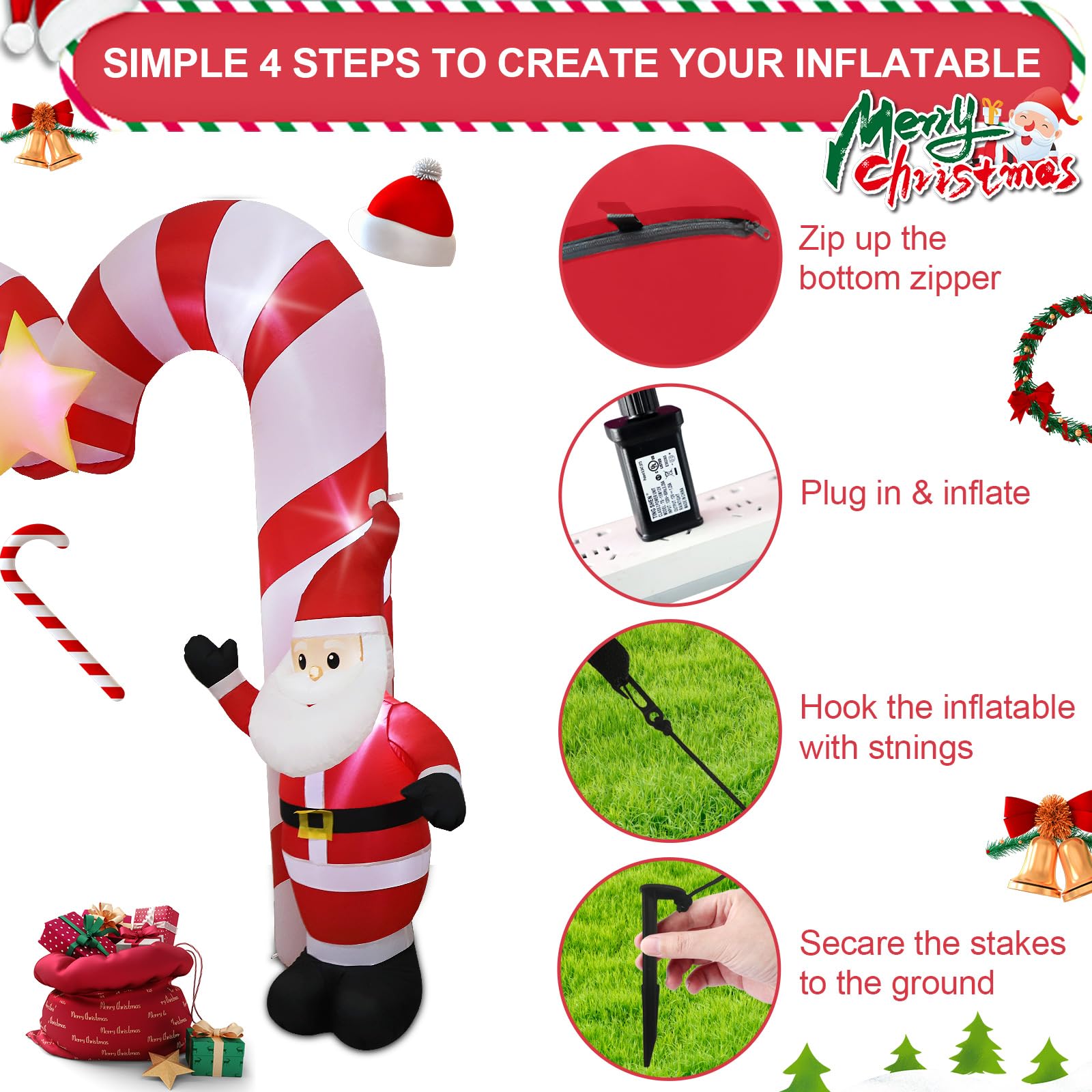 Decoración inflable de Navidad de 10 pies para exteriores, decoración inflable para patio, forma de piruleta, decoración inflable arqueada, luces LED integradas para fiestas de Navidad,