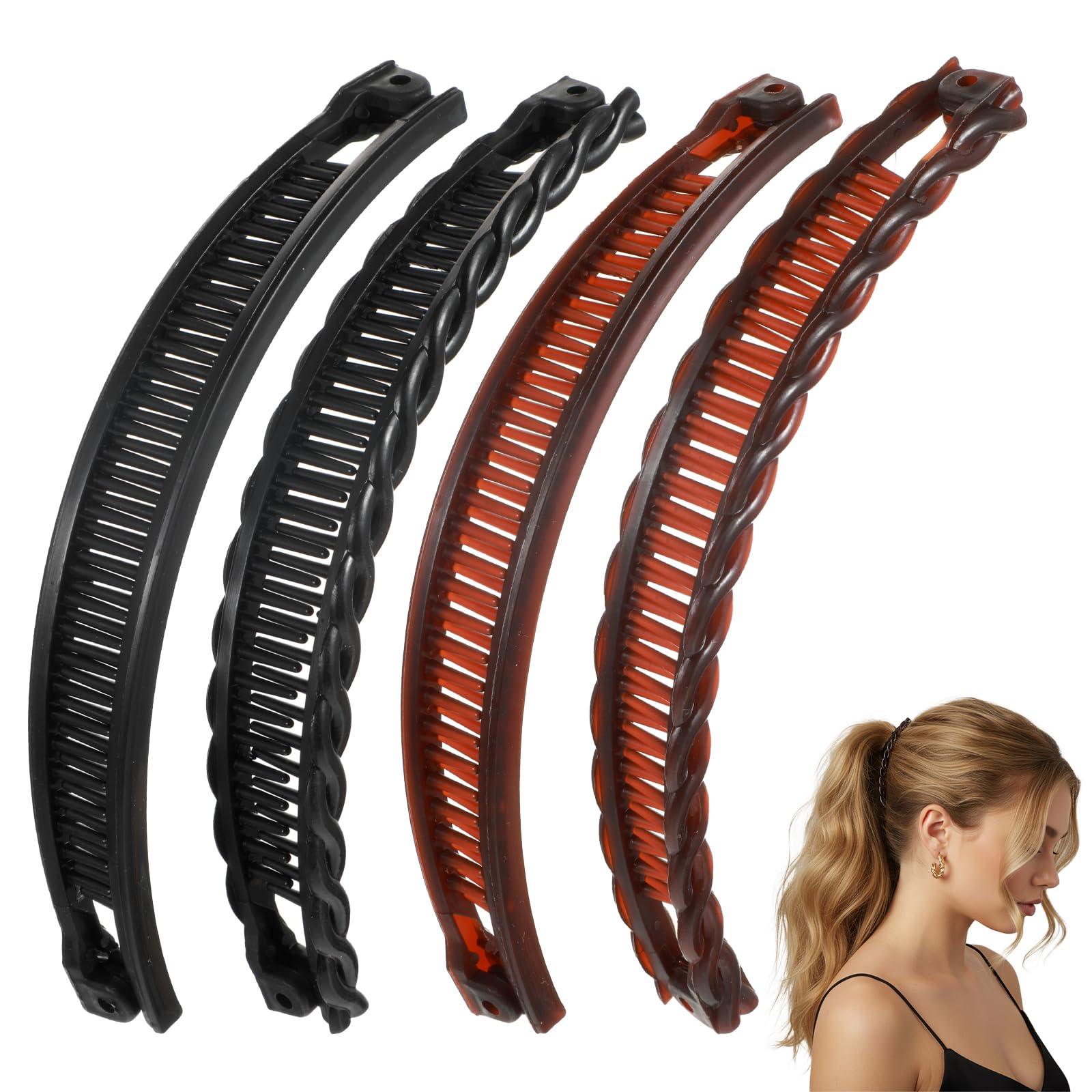 Nogeqi 4 Stück Groß Banana Clip für Dickes Haar, Vintage Bananenspange Haare Rutschfeste Banana Hair Clip Pferdeschwanz, Bananen Haarspange für Dickes Haar Frauen und Mädchen (Schwarz, Braun)