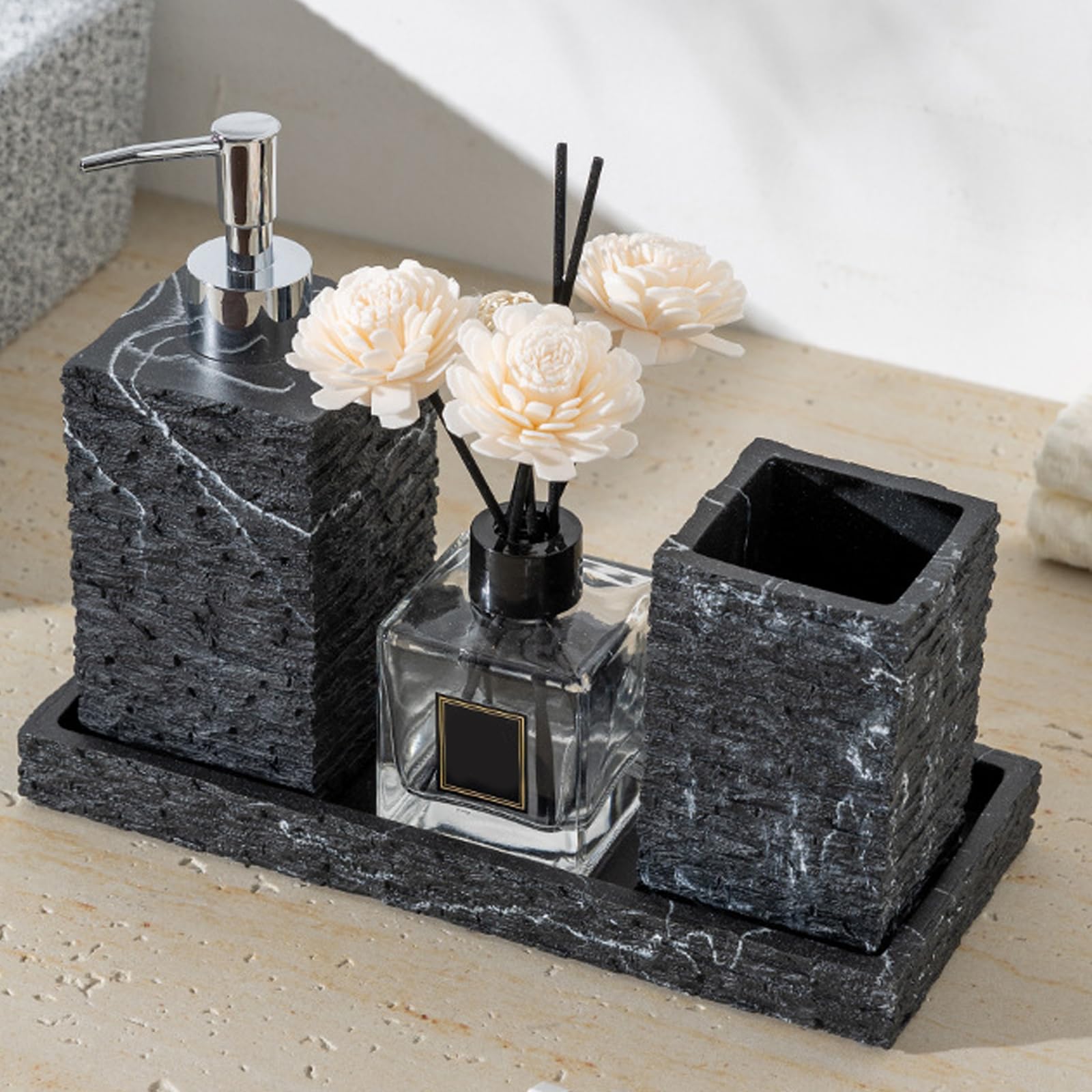 Juego de organizador de baño de resina con acabado de piedra, botella de jabón y bandeja organizadora, soporte para cepillo de dientes para uso doméstico, accesorios de baño