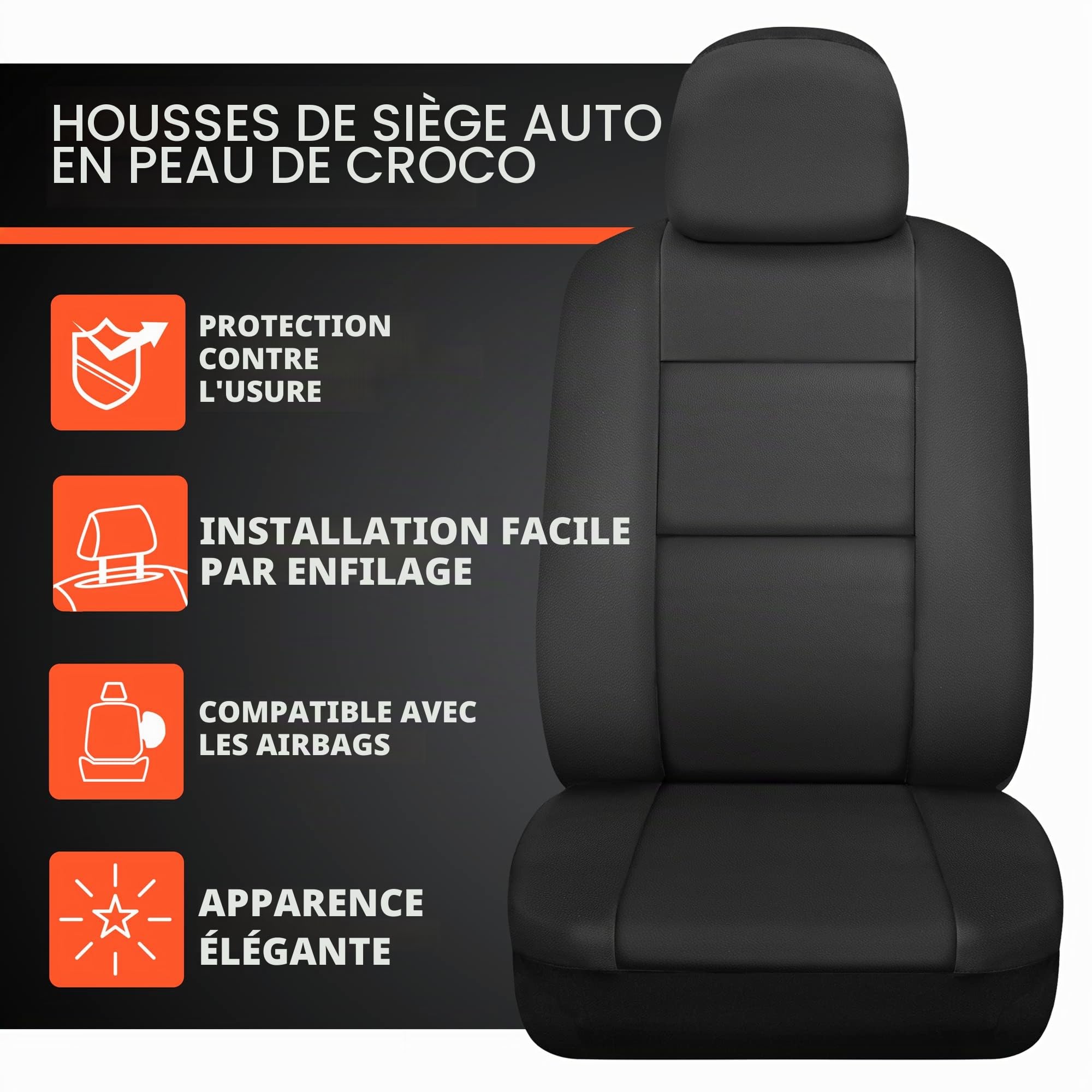 BDK Ensemble Complet de Housses de siège de Voiture en Simili Cuir Croc, Noir, Ajustement Universel, Compatible avec airbag, Housses intérieures Avant et arrière pour Voitures, camions, camionnettes