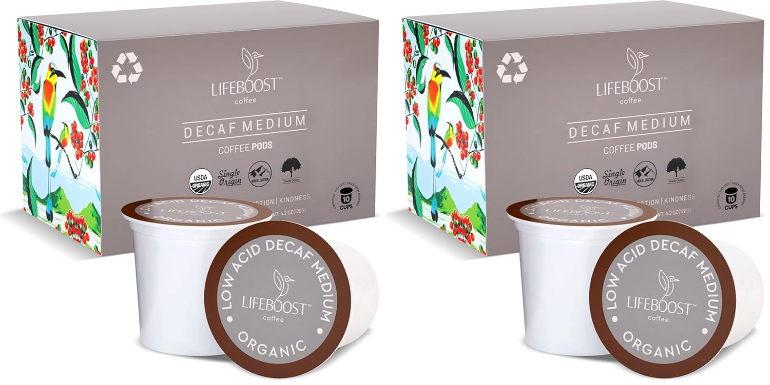 Lifeboost Organic Decaf Coffee K Cups - Low Acid Single Origin Non-GMO Mold Free Decaf Coffee Pods Compatible with Keurig & Keurig 2 - No Mycotoxins or Pesticides - 10 Count (Pack of 2)