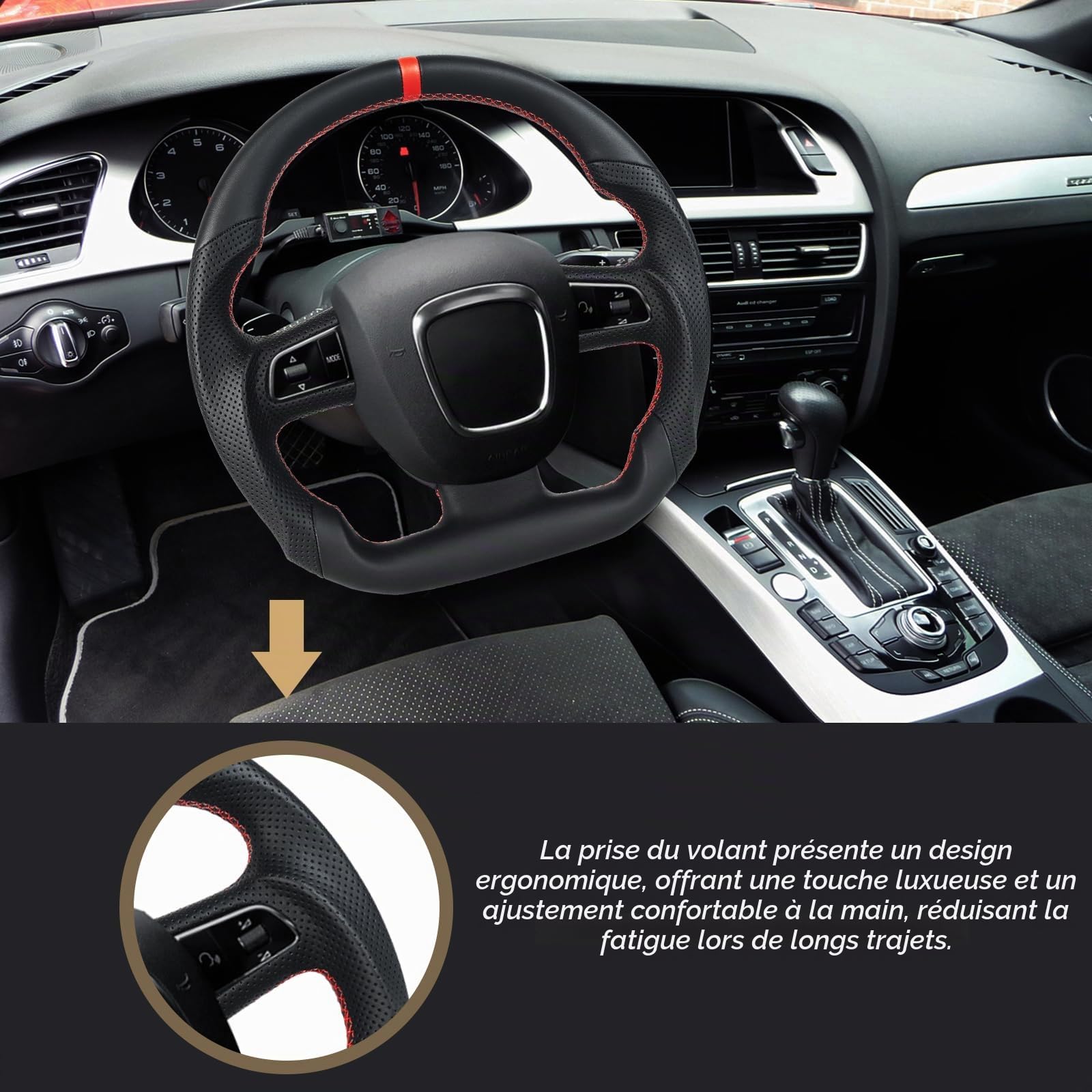 Volant en cuir plein - Antidérapant - Perforé - Respirant - En forme de D - Fond plat - Avec coutures rouges - Convient pour Audi A4(only B7) pour A5 pour S4 pour S5 2008-2010