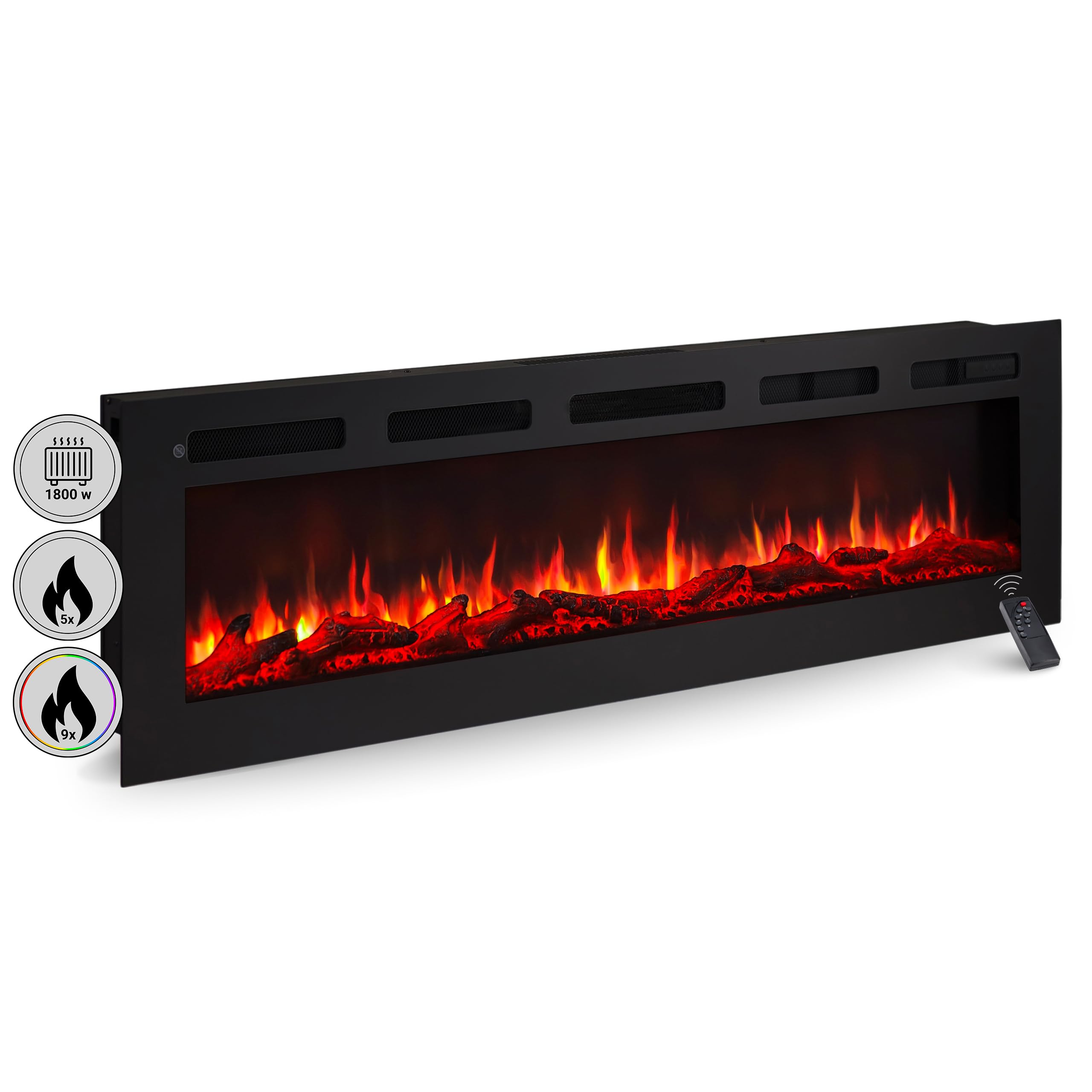 BALDERIA camino elettrico Leif 60"| Caminetto elettrico a pavimento o a muro con riscaldamento 2000 W | Effetto fiamma 3D | Focolare a terra o a parete con telecomando, timer, termostato | Nero