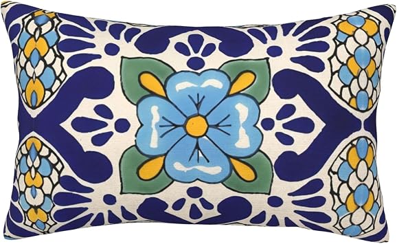 Mexican Talavera Ceramic Tile Pattern Ethnic Folk Throw Pillow Cover, Cushion Case Decoration for Sofa Couch 14"x20"