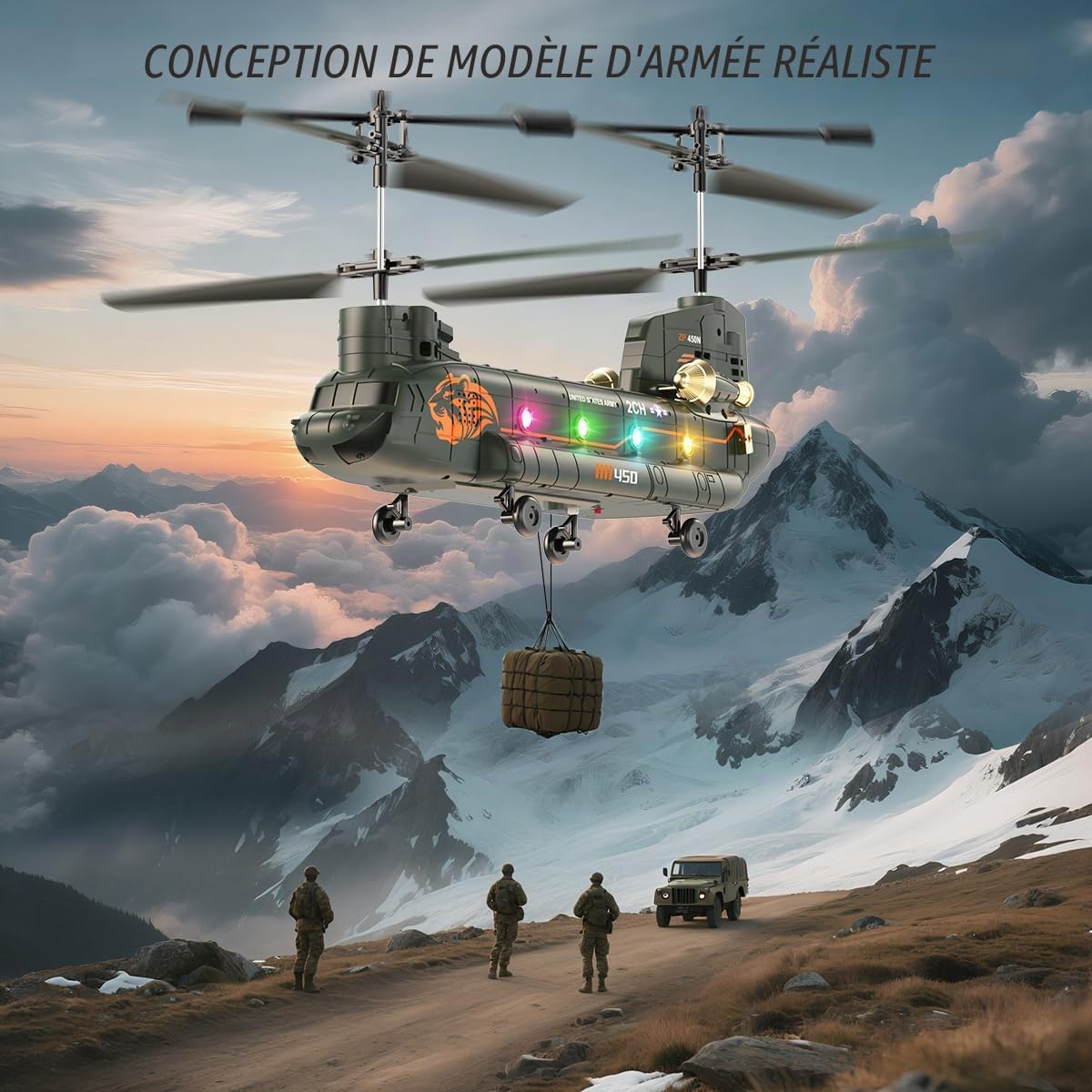 VATOS Hélicoptère radiocommandé 2,4 GHz Transport Militaire avec Maintien de l'altitude, démarrage/atterrissage à Un Bouton, lumière LED