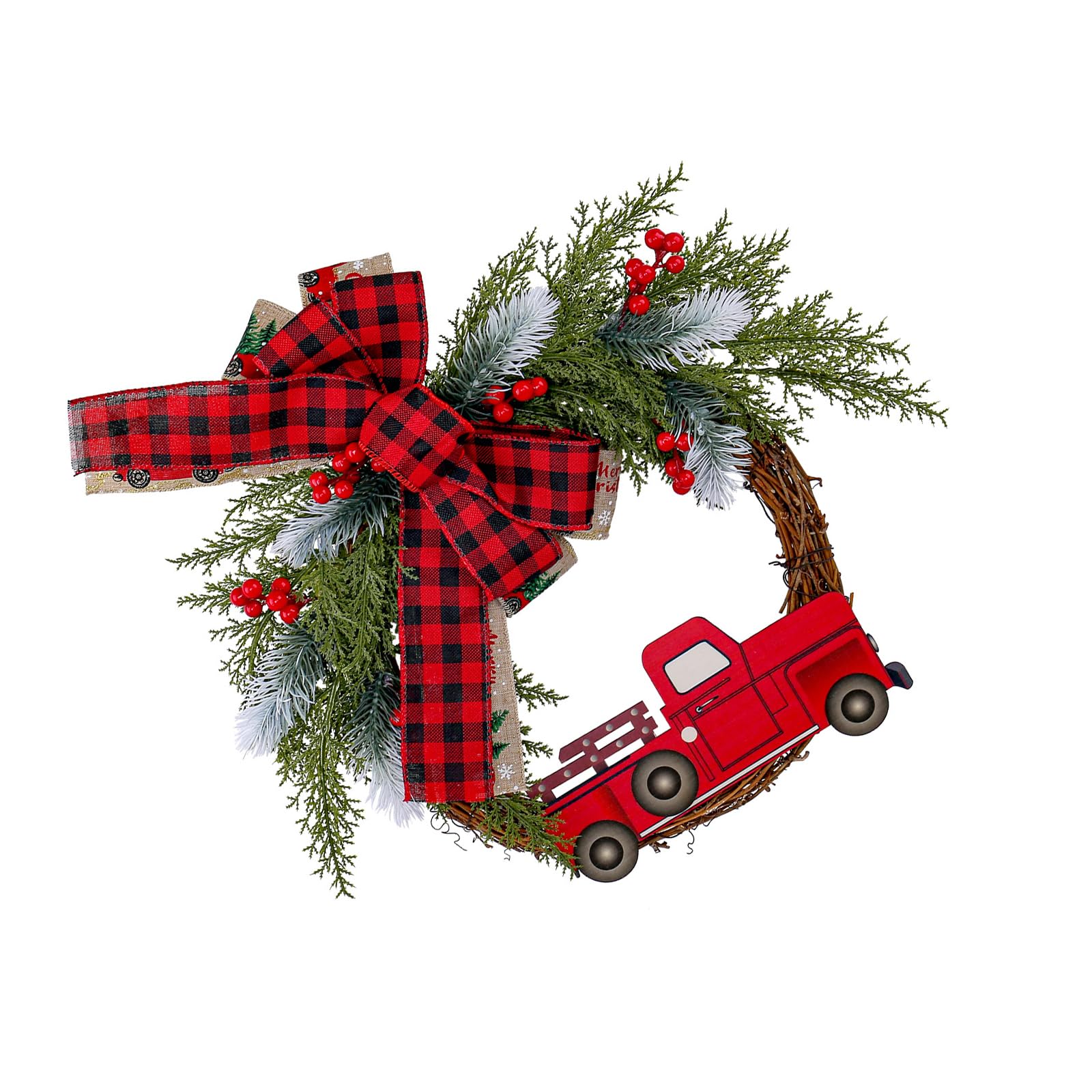Christmas Wreath with Realistic Berries and Bowknot Retro Truck Holiday Wreath Ornament for Door Mantels Wall Decoration Christmas