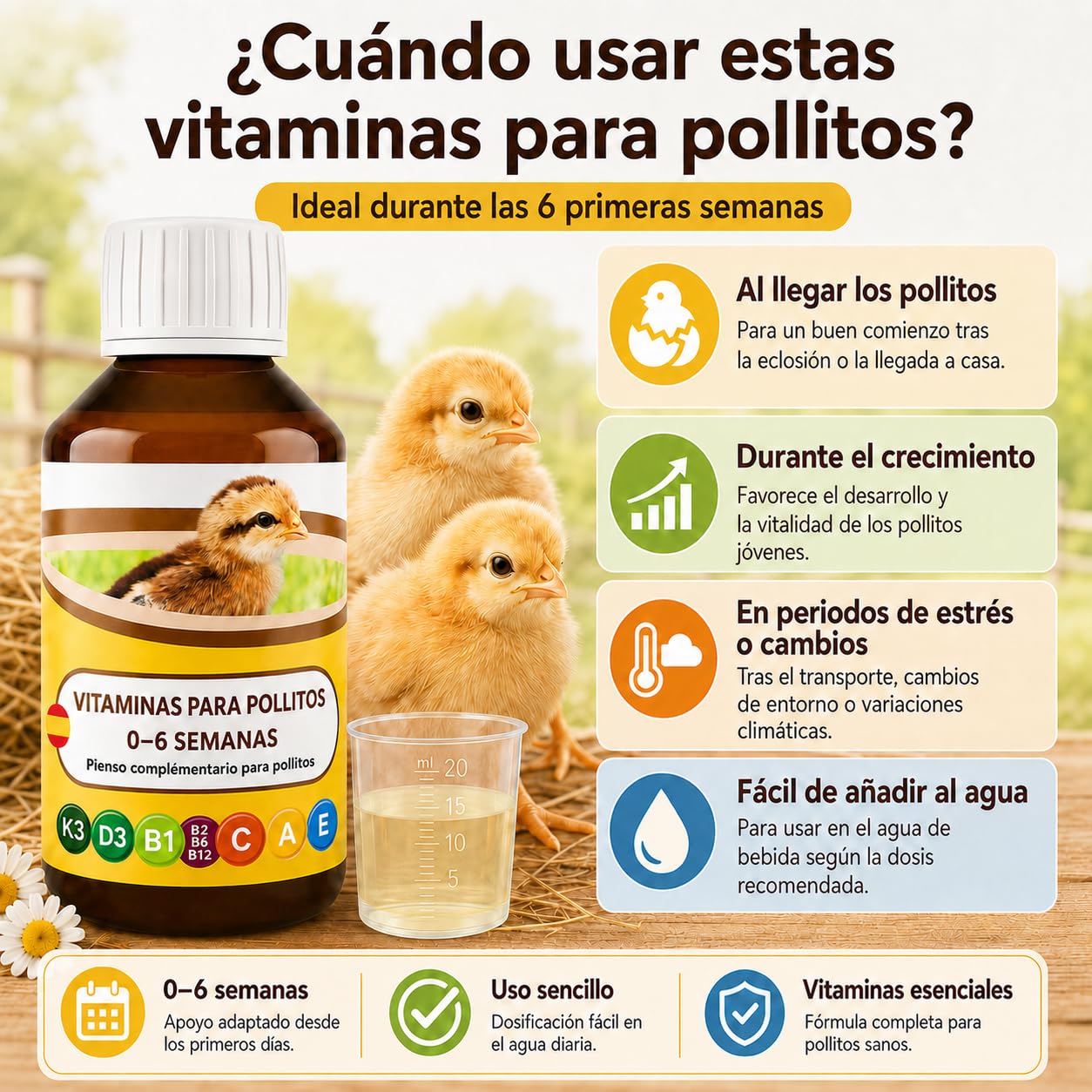 ANI’Nat Multivitaminas para Pollitos 250 ml – Pienso Complementario Líquido para Pollitos 0–6 Semanas – Vitaminas, Betaína y Aminoácidos – para Inicio, Crecimiento y Vitalidad – para Diluir en el Agua
