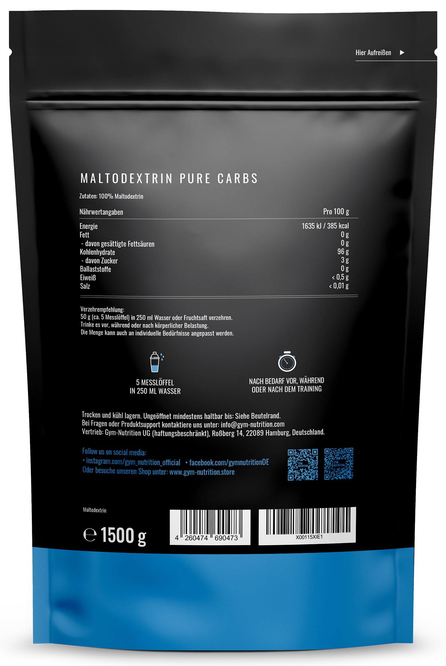 GYM-NUTRITION Hardcore Malto-dextrin | Feines Kohlenhydrate Pulver Maltodextrin 12 1,5 kg Beutel