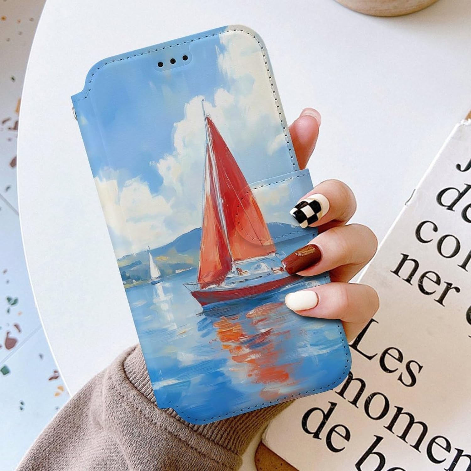 Sailboat Boat On Blue Sea Compatible with iPhone 16/16 Plus/16 Pro/16 Pro Max/16 E Case Phone Wallet Card Holder Flip Cover with Wrist Strap