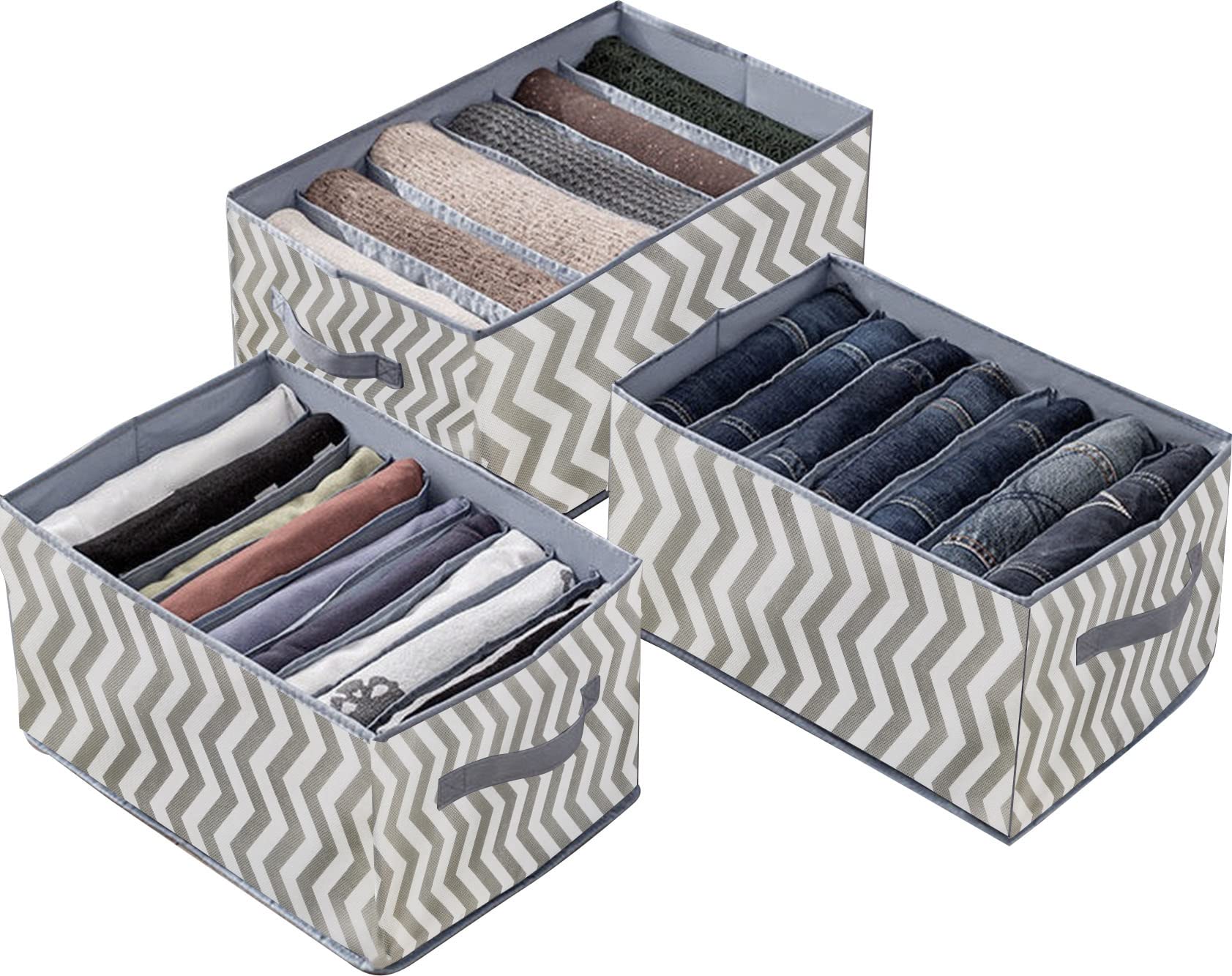 House of Quirk Modern Non-Woven Set of 3 Wardrobe Clothes Organizer, Closet Drawer Organizers for Jeans, Pants, T-Shirt, Sweater, Kids Clothes (6+7+9 Grids, Wave) Rectangular, Grey, Pattern