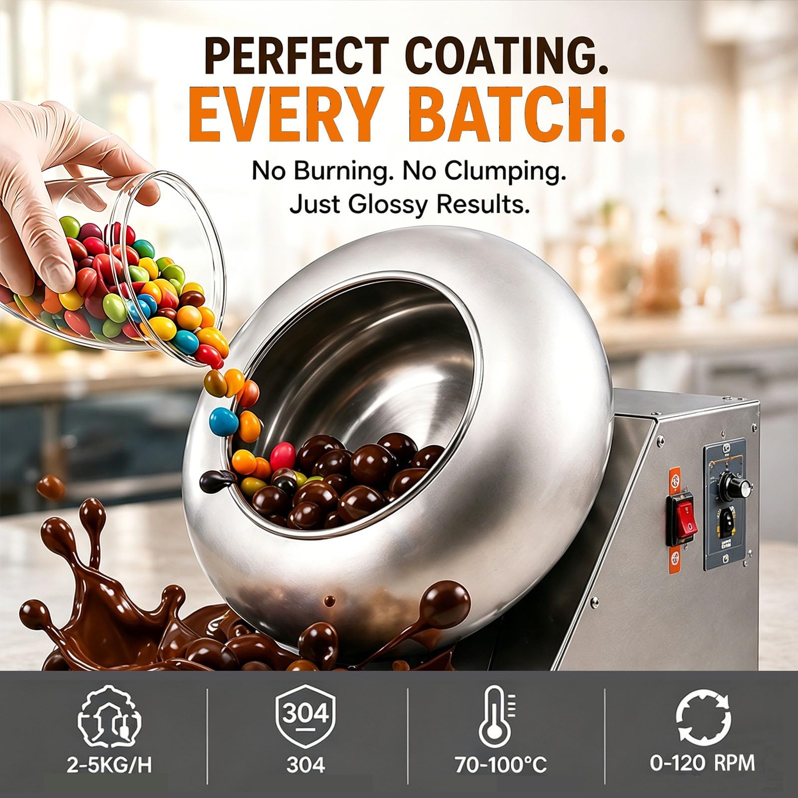 Equipo de Pastelería Profesional 1180W Máquina para Pulir y Secar Chocolate y Azúcar 300mm Diseño Compacto para Resultados Profesionales y Secado Rápido INOX(300mm Standard)