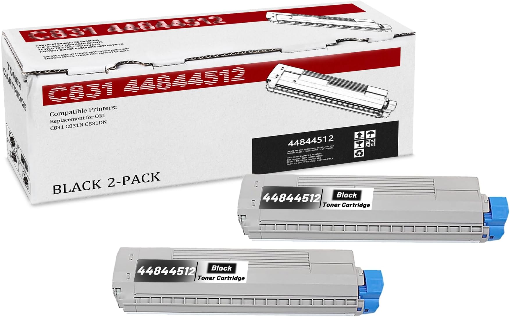 2-Pack C831 44844512 High Yield Black Toner Cartridge, Replacement for OKI C831 44844512 for C831 C831N C831DN Printer