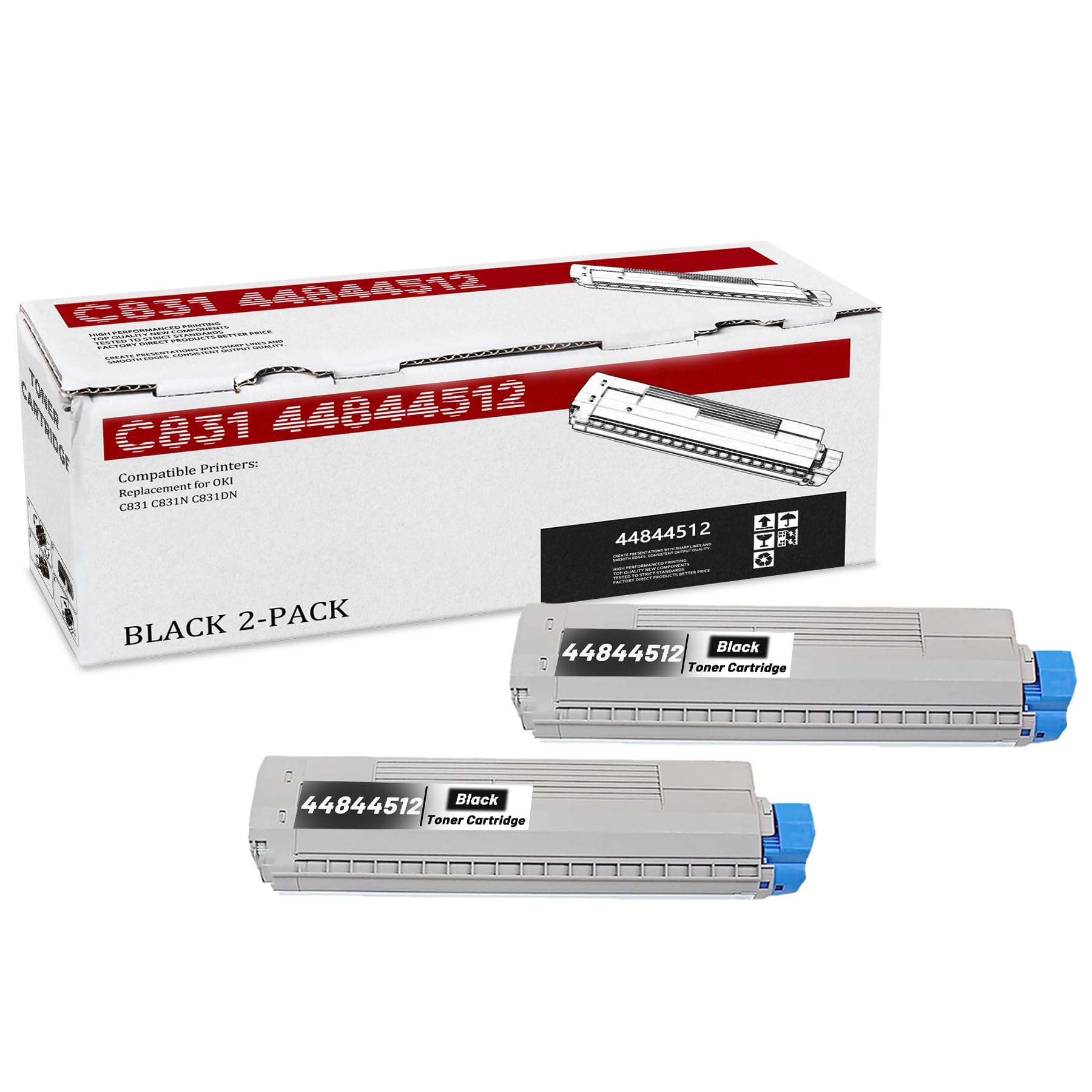 2-Pack C831 44844512 High Yield Black Toner Cartridge, Replacement for OKI C831 44844512 for C831 C831N C831DN Printer