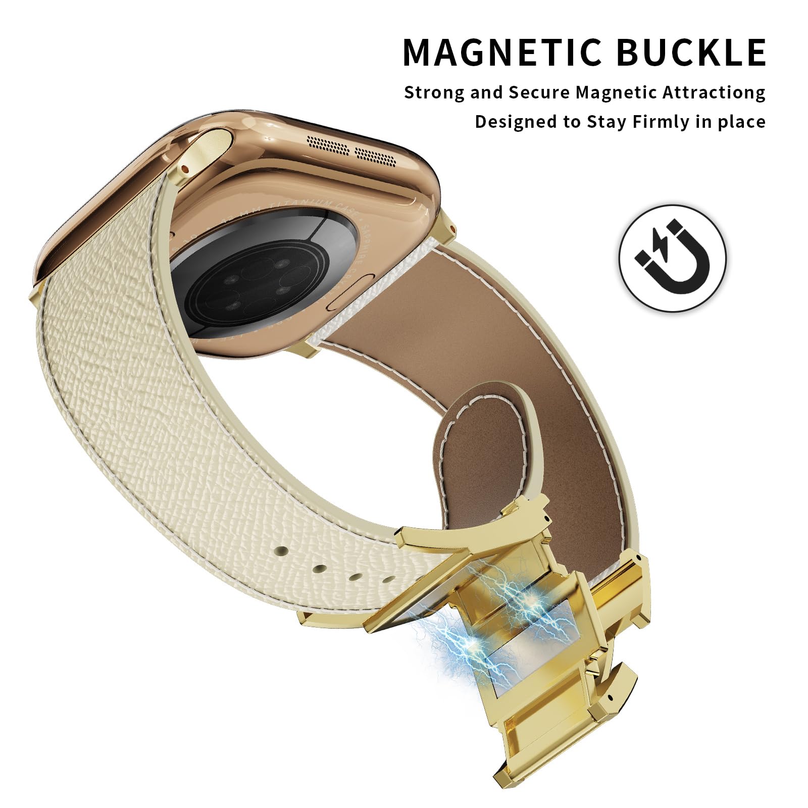 Leather Watch Band with Magnetic Buckle,Dressy Apple Watch Ultra Leather Band Rugged Durable Replacement Strap for Men & Women — view 3