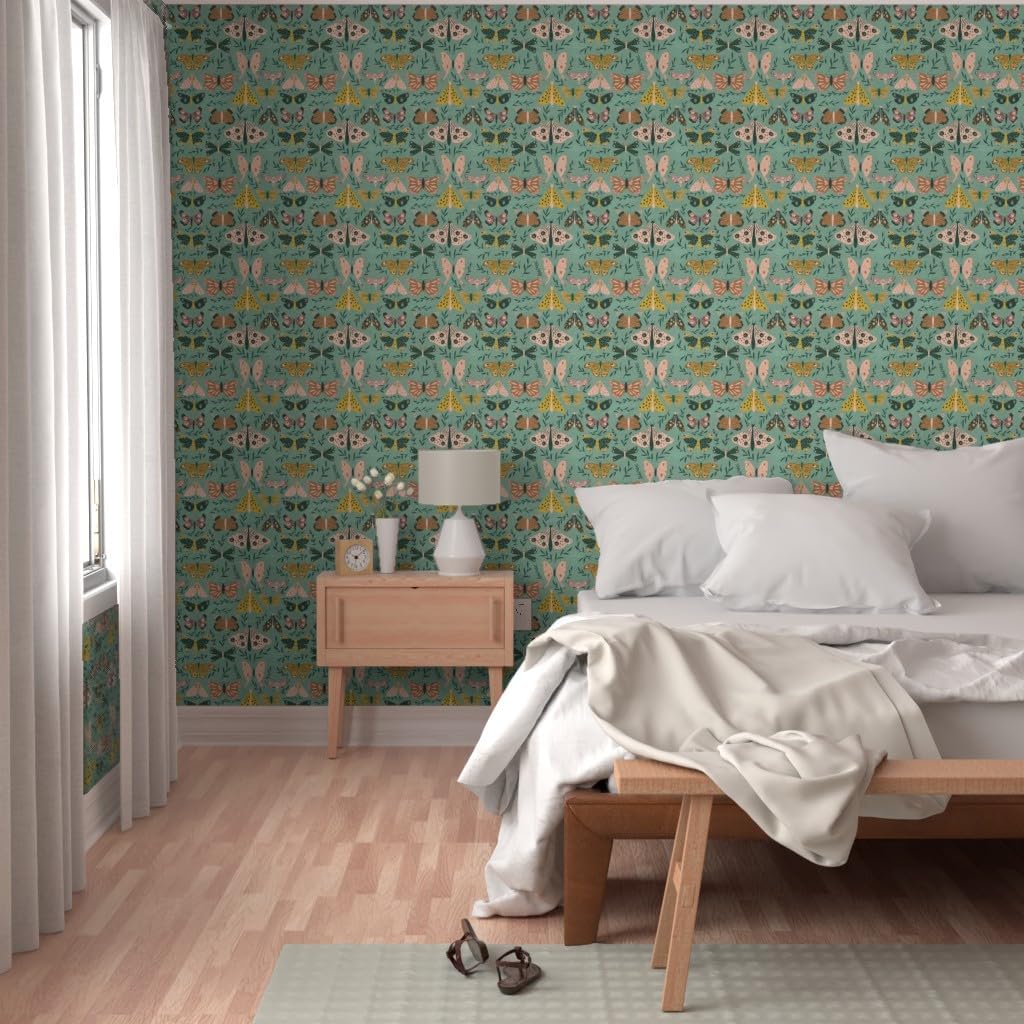 Peel & Stick Wallpaper 3ft x 2ft - Moths Teal Butterfly Modern Gold Mint Moth Mod Custom Removable Wallpaper by Spoonflower