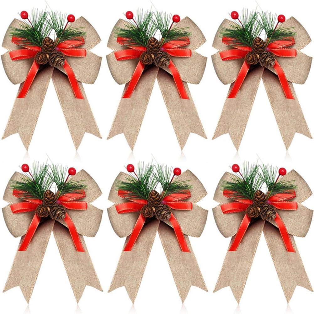 CTRLZS 12PCS Christmas Burlap Bow with Pine Cones Pine Needles Xmas Checkered Ribbon Bow Christmas Tree Decoration Bows