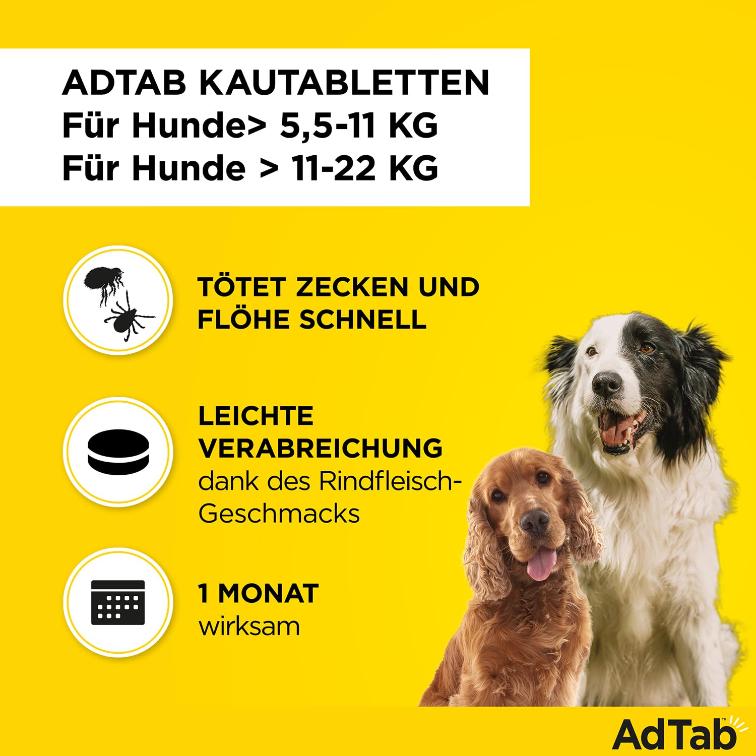 AdTab Kombi-Set: Zecken- & Flohschutz für 2 Hunde in verschiedenen Größen (>5,5-11 kg & >11-22 kg), 2 Packungen mit je 3 Kautabletten, einfach zu verabreichen & schmackhaft