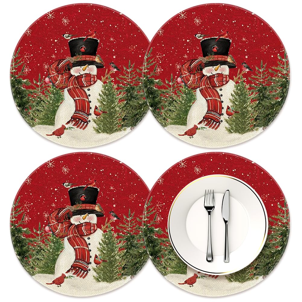 4 Pack Christmas round placemat,Christmas Table Place Mat Set,Christmas Placemats,Linen Placemats Washable Cloth Table Placemats for Kitchen Restaurant Dining Table (J)