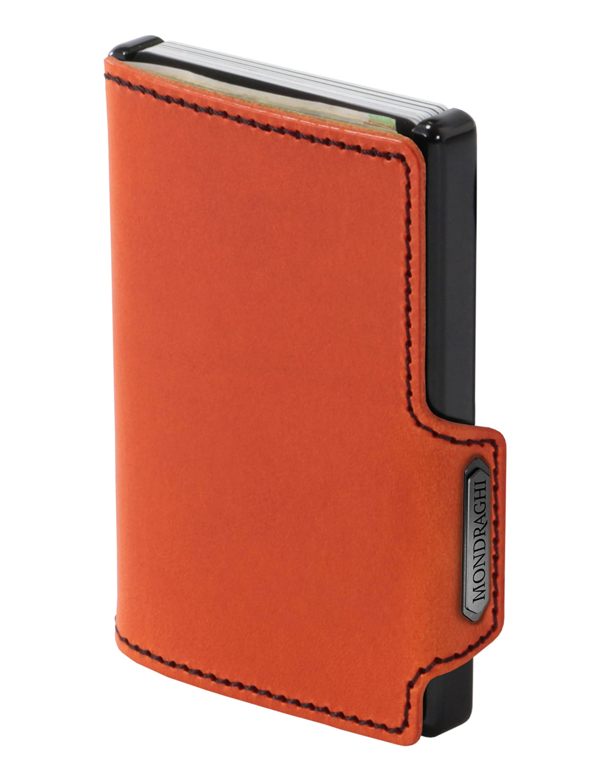 MONDRAGHI® Mini-Wallet. Ultraleichte Geldbörse mit Narbenleder. Kleiner Geldbeutel mit RFID-Schutz-Chip - Kartenetui mit Leichtmetallrahmen | Racing Orange