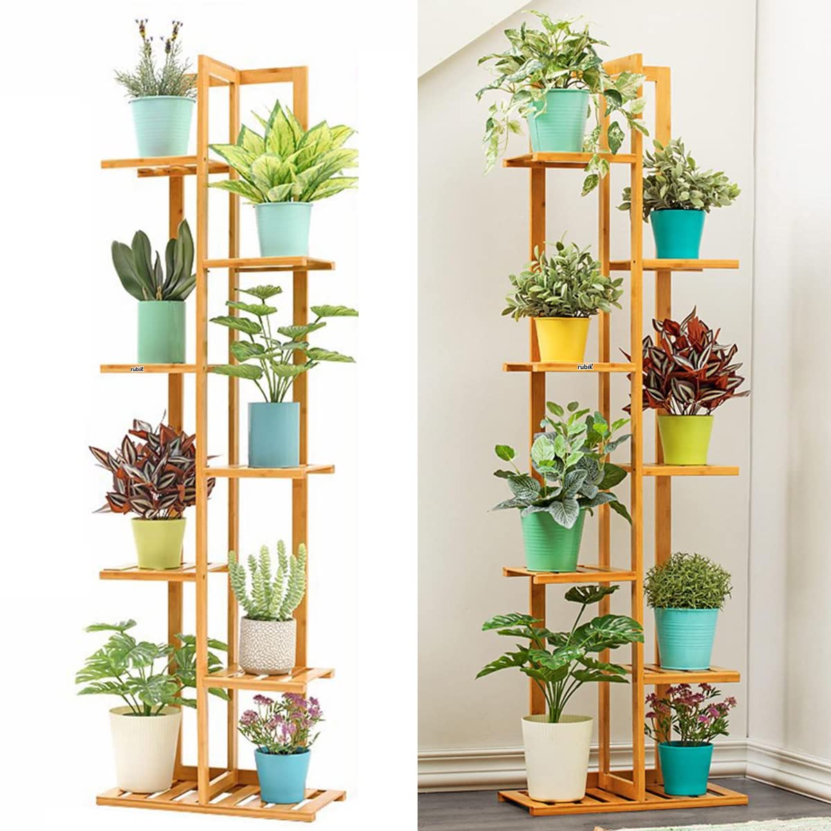 Rubik Plant Stand, 7 Tier Bamboo Flowers Pots Stand for Indoor Outdoor Balcony Living Room Patio Home Décor Multi Shelf Display Rack (45x22x145cm, X-Large Beige)
