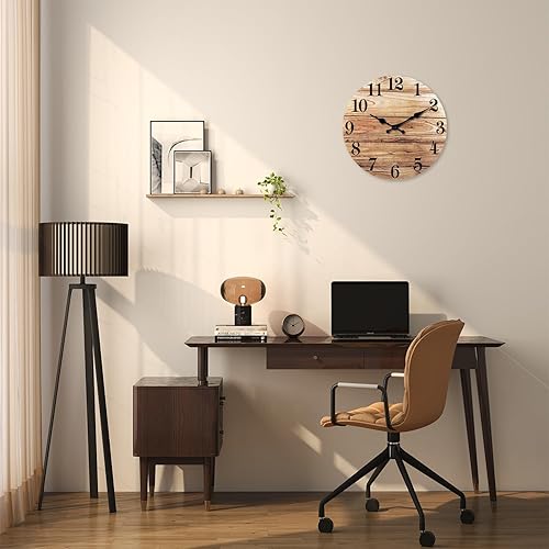 Miniatura 2 de XNM Reloj de pared redondo de madera para cocina de 12 pulgadas, reloj de pared pequeño, funciona con pilas, reloj de pared marrón silencioso (MDF