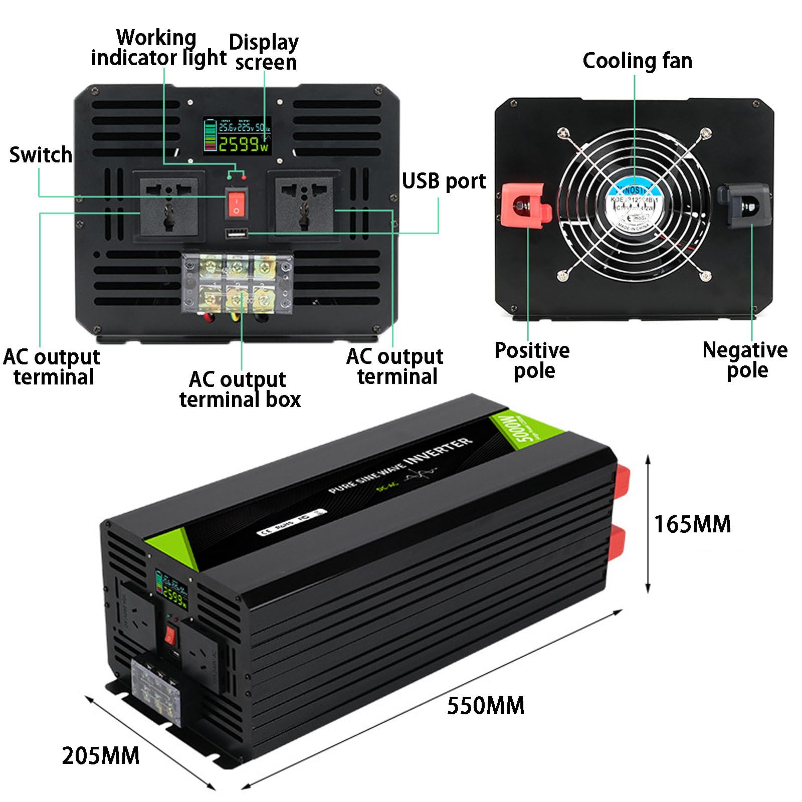 Przetwornica Napięcia Samochodowego Przetwornica DC 12 V/24 V/48 V do AC 110 V/220 V, Szybka ładowarka Samochodowa do Podróży Służbowych i Wakacji,5000W-DC24V-AC220V