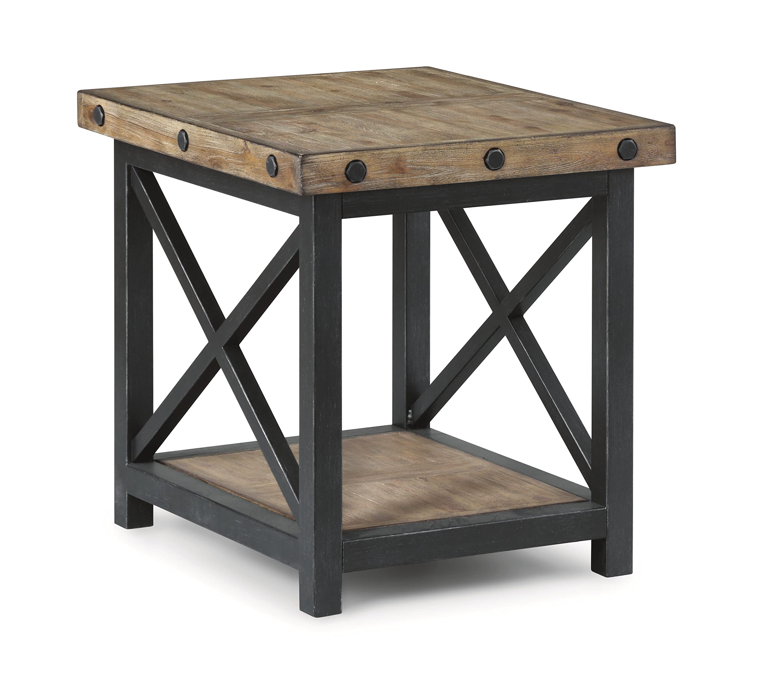 Flexsteel Light Brown End Table with Metal Frame and Exposed Bolt Heads