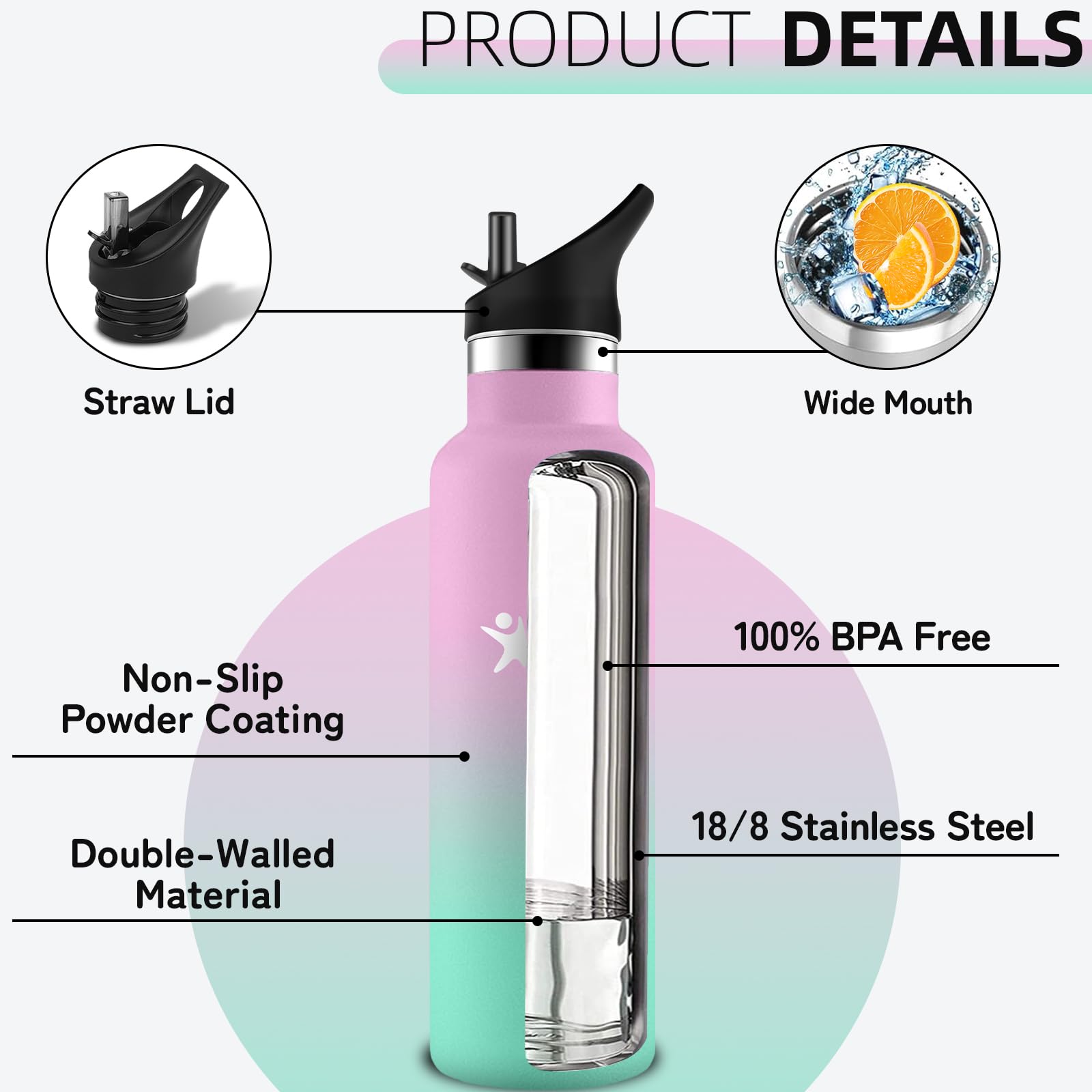 Borraccia Termica- 500ml- Bottiglia Termica, Senza BPA, Bottiglia Termica Con filtro e Cannuccia, Borraccia Sportiva, Borracce Bambini Senza Perdite, Termos per Campeggio, Viaggio, Palestra