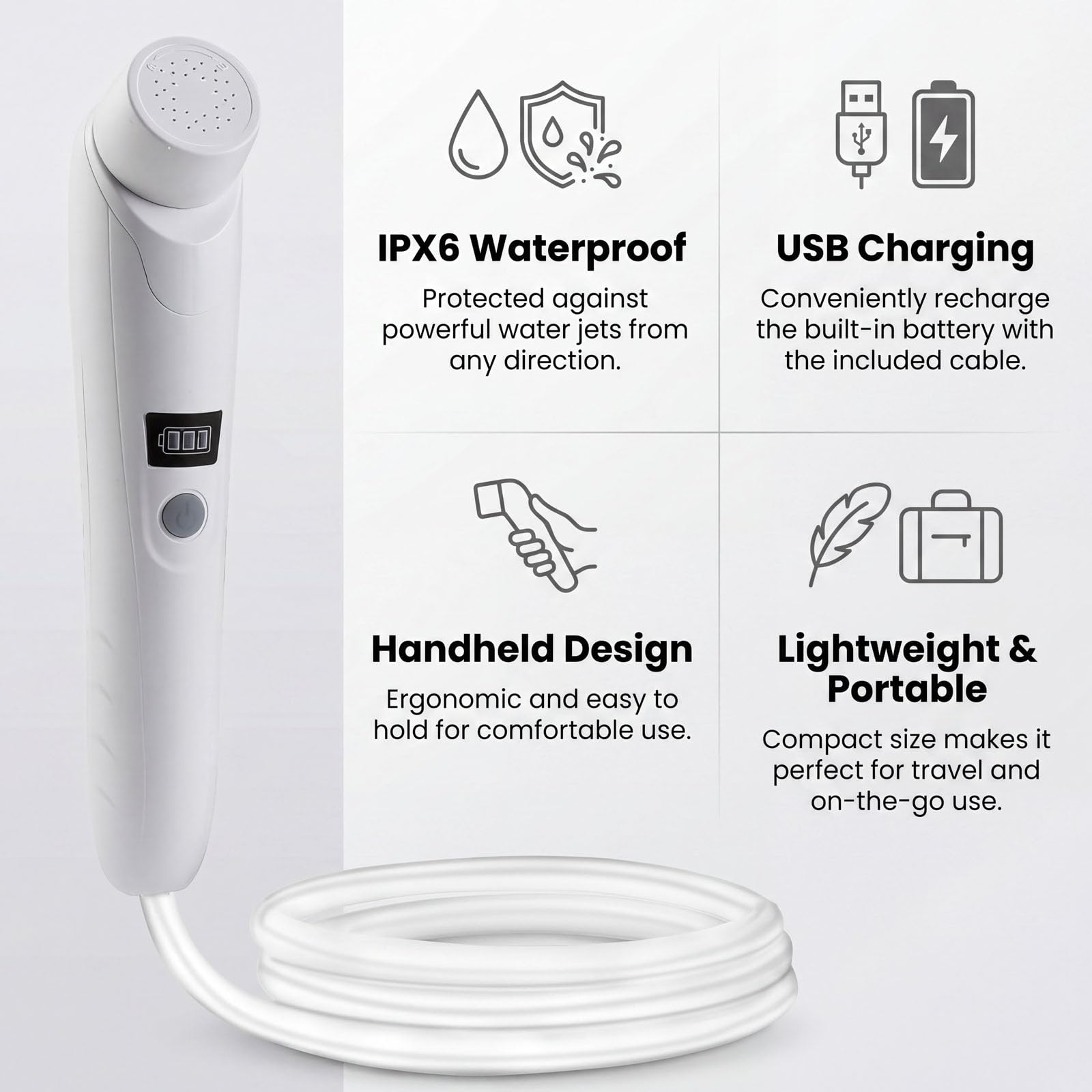 doccia portatile per esterno,doccia elettrica tenere in mano,impermeabile IPX6,ricarica USB,compatto e portatile,adatto per campeggio all'aperto,doccia in spiaggia,trekking,bagno per animali