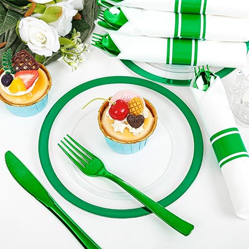 Miniatura 7 de I00000 Juego de 350 platos de plástico verde transparente para decoración de primavera del día de San Patricio, incluye 100 platos de cena y postre,