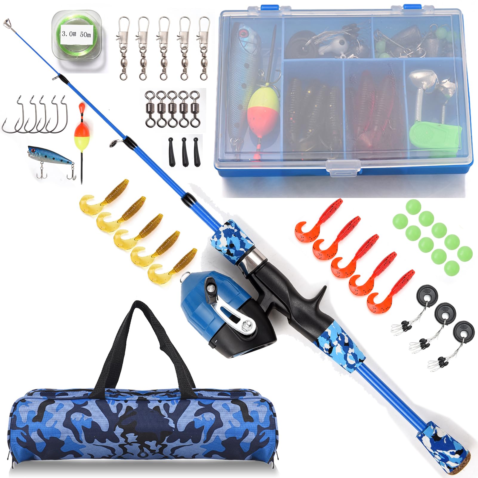 SOUUXIU Kids Fishing Rod 1.2m/1.5m Telescopic Casting Rod Pole with Spinning Reels and Fishing Accessories with Spincast Reel and Hooks Lures Swivels Carry Bag for kids (Blue, 1.2M)
