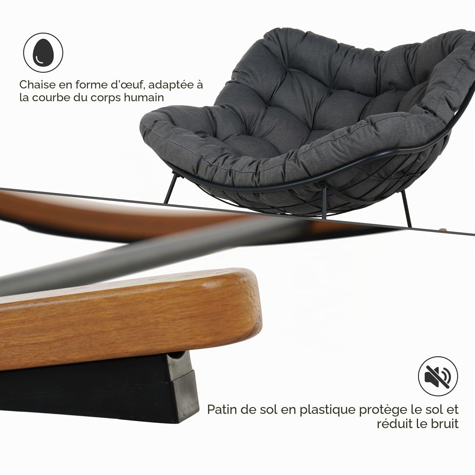 Grand patio Fauteuil à bascule de jardin, à bascule, pour salon, relaxation, avec rembourrage, charge maximale : 150 kg, pour jardin, chambre à coucher, salon, coin, véranda, gris clair (Gris foncé)