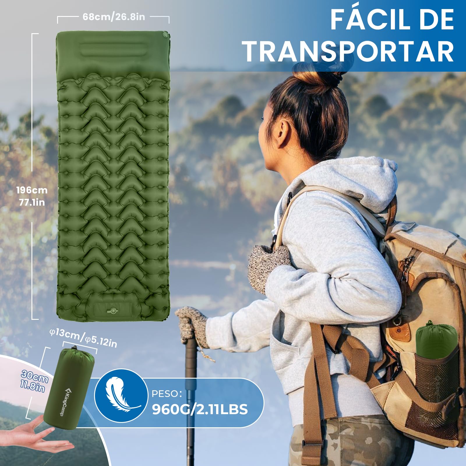 KingCamp Alfombrilla de Camping, Ultraligera con Bomba de pie integrada, colchoneta Inflable compacta Duradera con Almohada, colchón Inflable de Camping para mochileros, Senderismo