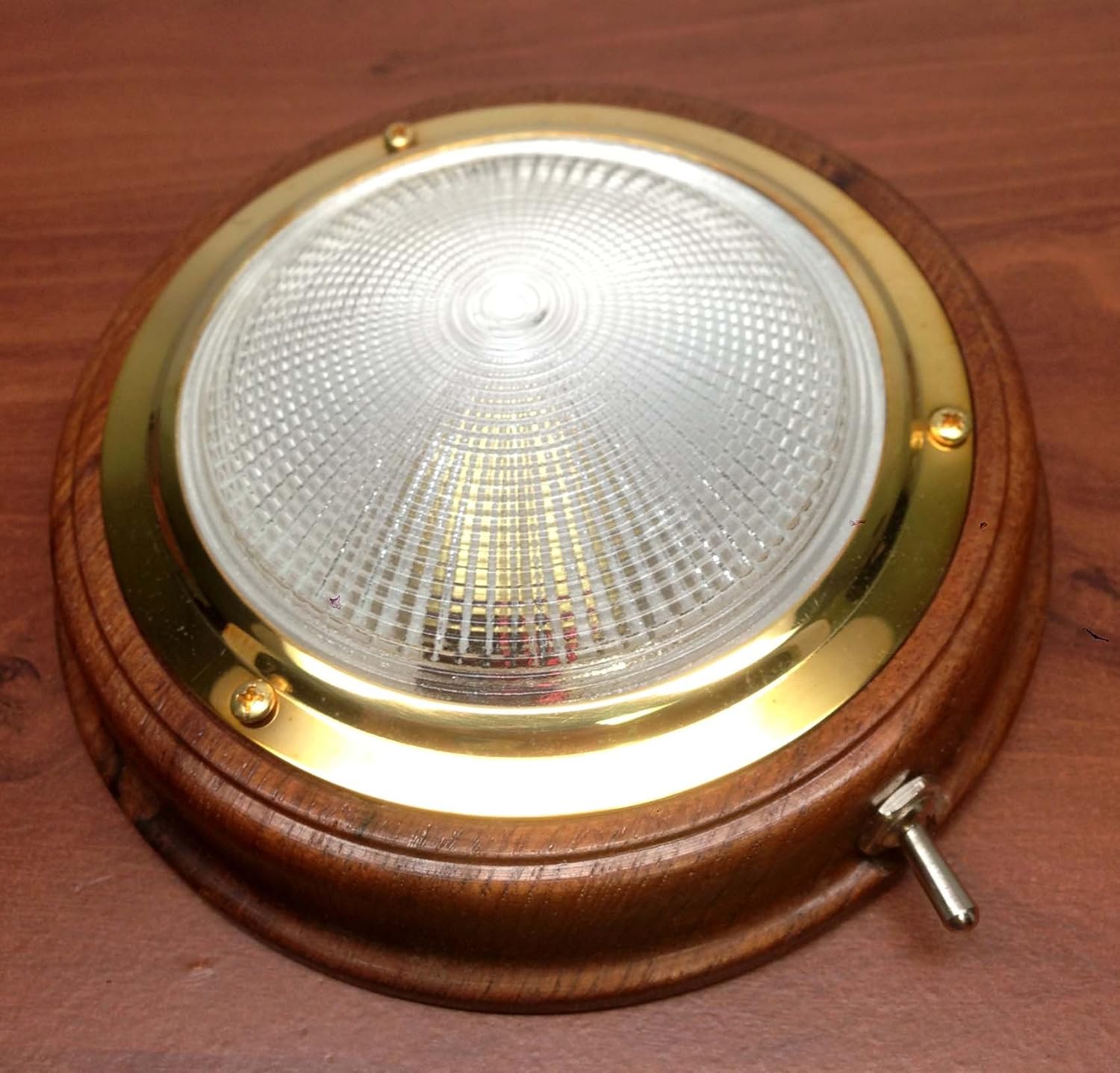 Marine Boat Ceiling Dome Light PC Lens Brass Ring Oiled Teak Base HOUSING
