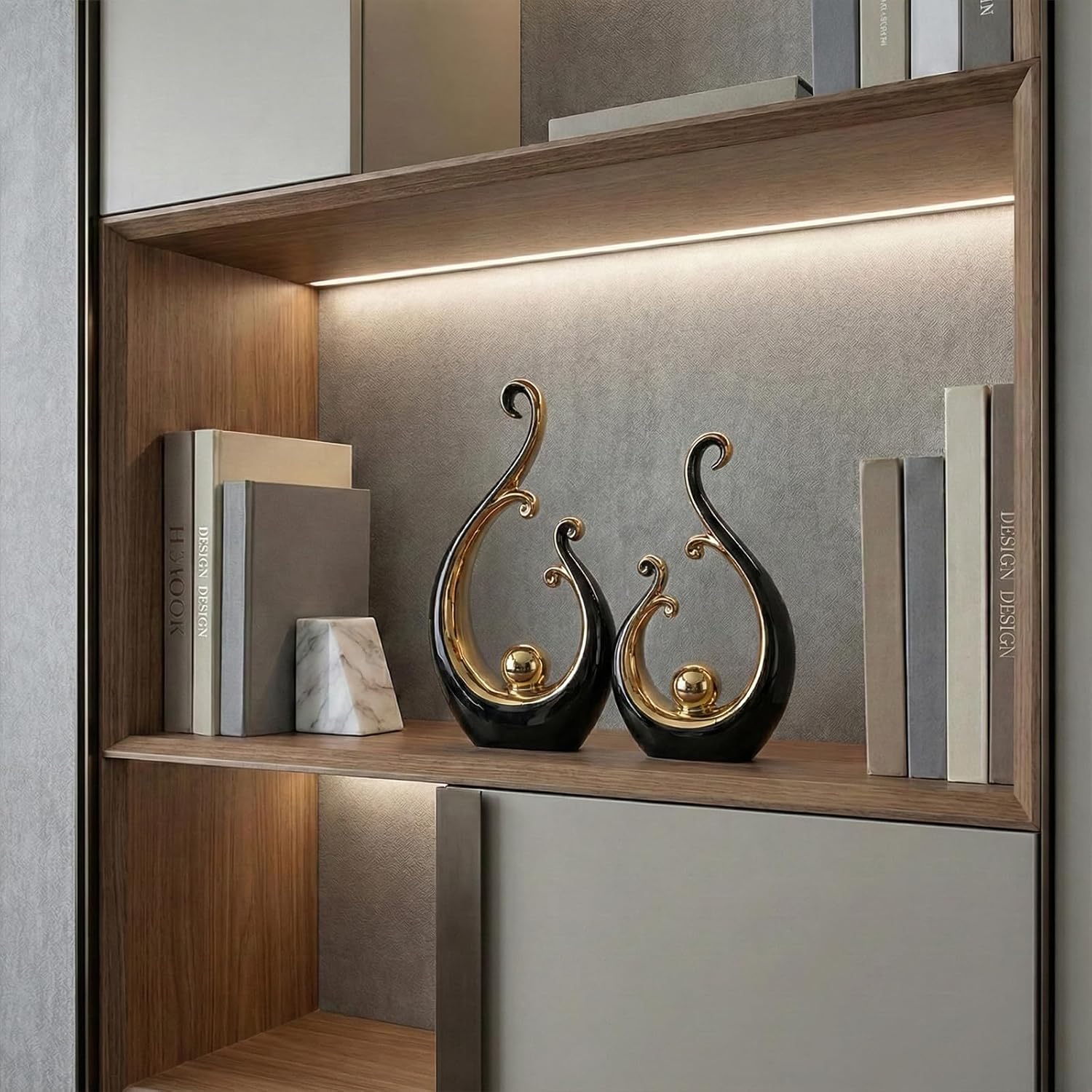 LCCCK Glossy Black and Gold Decor Ceramic Statue, Modern Abstract Sculpture Art for Luxury Centerpiece - Shelves Bookshelf&Dining Table Decorations, Entryway Coffee Table Tv Stand Home Decor