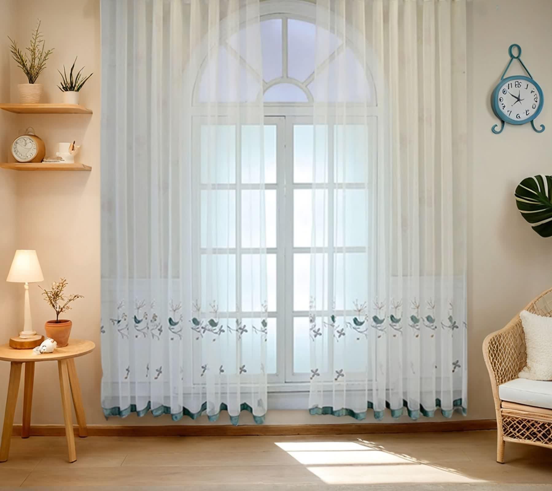 Rideau Voilage Polyester, Rideaux Chambre Lot de 2 Beige Blanc Motif D'Oiseau Brodé de Dentelle LxH 137x160cm
