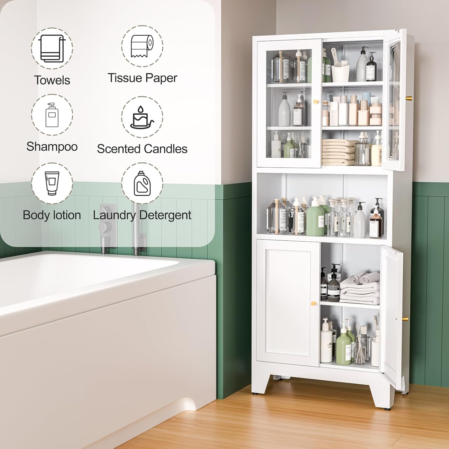 Metal Pantry Storage Cabinet with 2 Glass Doors, 69" Tall Kitchen Pantry Cabinet with 4 Doors & 3 Adjustable Shelves, Microwave Stand for Kitchen, Dining Room, Living Room (1PC,White)