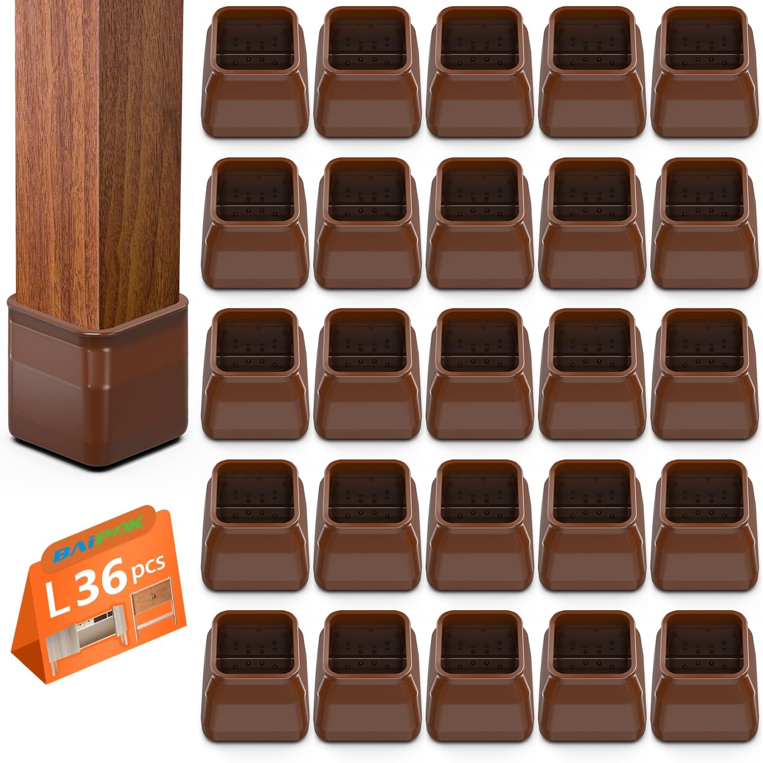 BAIPOK 36Pcs Chair Leg Floor Protectors, Square Silicone Chair Leg Protectors for Hardwood Floors, Felt Furniture Pads Chair Sliders, Chair Leg Covers, Reduce Noise & No Scratch, Brown, Large