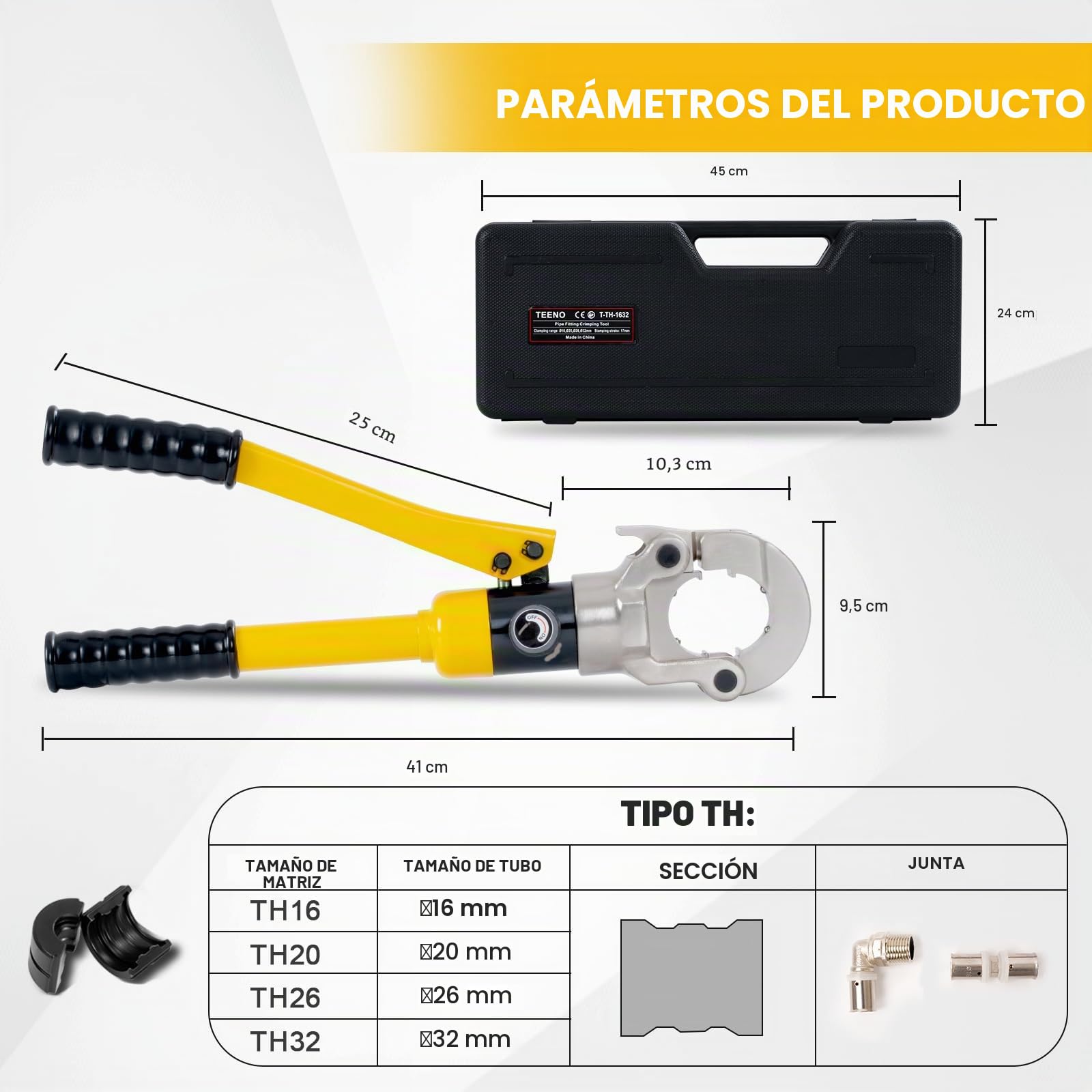 Alicates Prensadores de Tuberías TEENO(100 kn), Prensa Multicapa Manual con Cortatubos, Crimpadora Hidráulica Multicapa para tubo compuesto con accesorios de contorno TH16, TH20, TH26, TH32, 360°