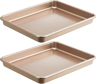 HONGBAKE 2 Pack 11 x 9 Inch Toaster Oven Pans and Trays, Small Baking Sheet Set for Cooking, Non-Stick Cookie Sheets, Heavy-Duty 0.8mm Thick, Easy to Clean, 1.26 Inch Deep, Gold