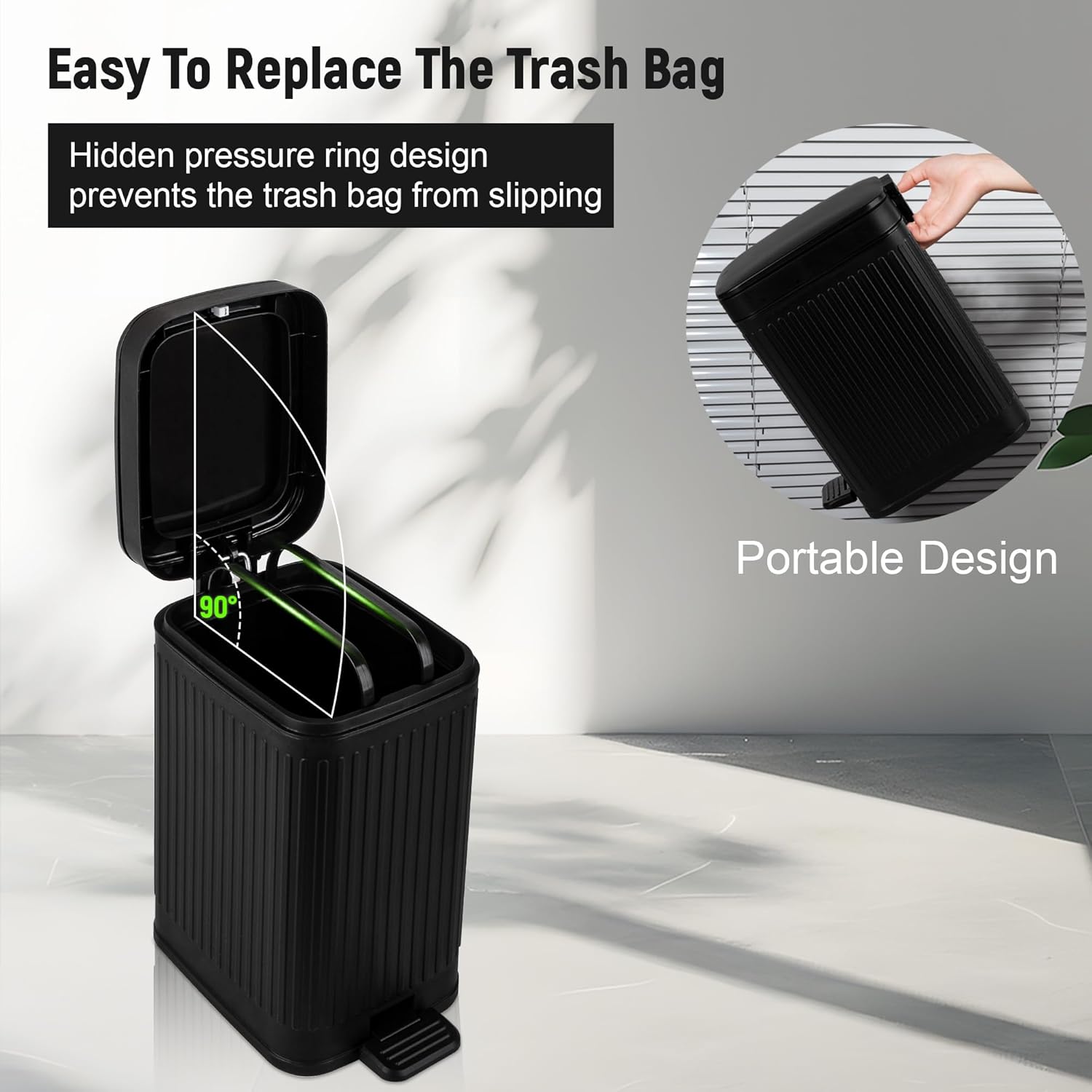 rejomiik Small Bathroom Trash Can with Lid Slim Soft Close Garbage Can Step Wastebasket Container Trash Bin for Office Bedroom Kitchen Living Room (1.9 Gallon Black)